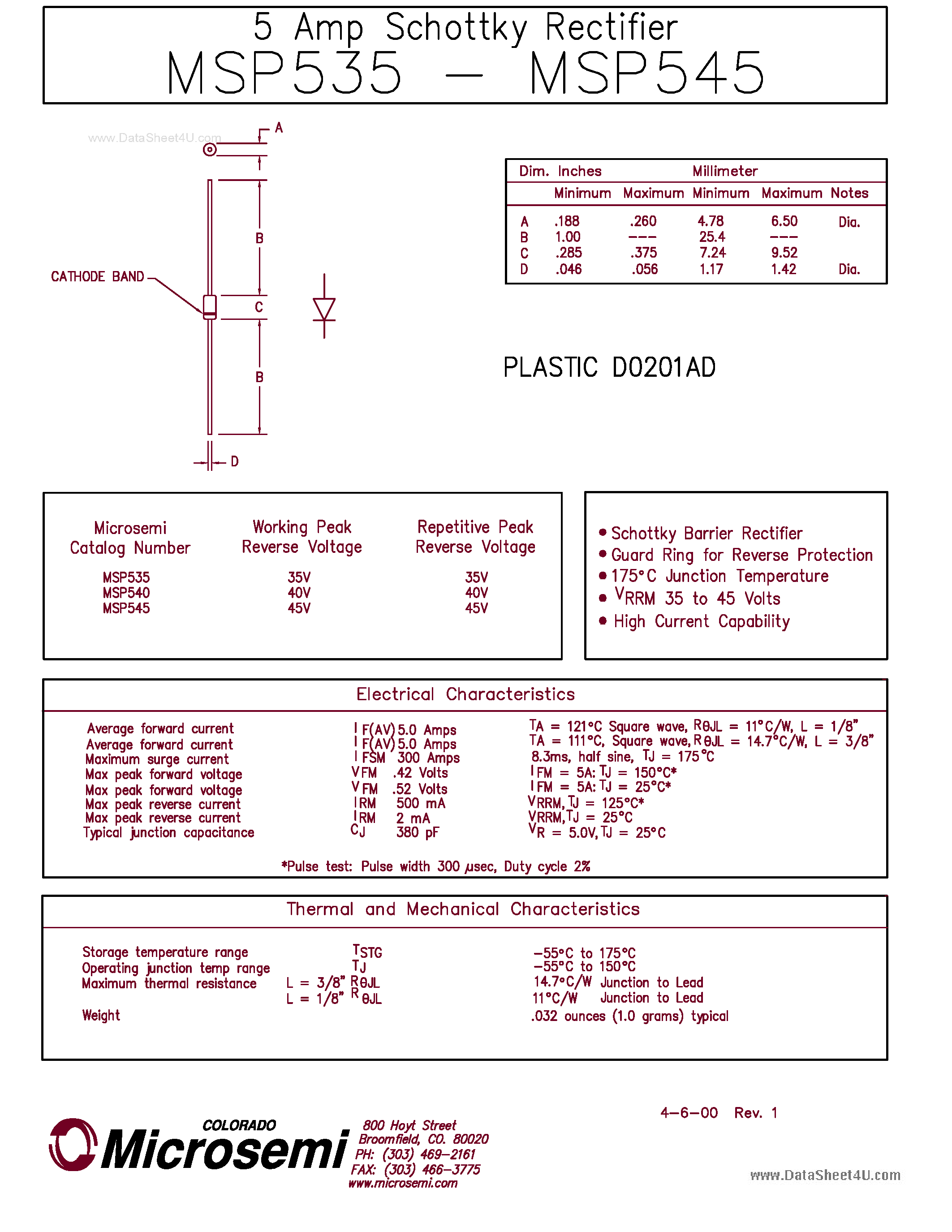 Даташит MSP535 - (MSP535 - MSP545) 5 Amp Schottky Rectifier страница 1