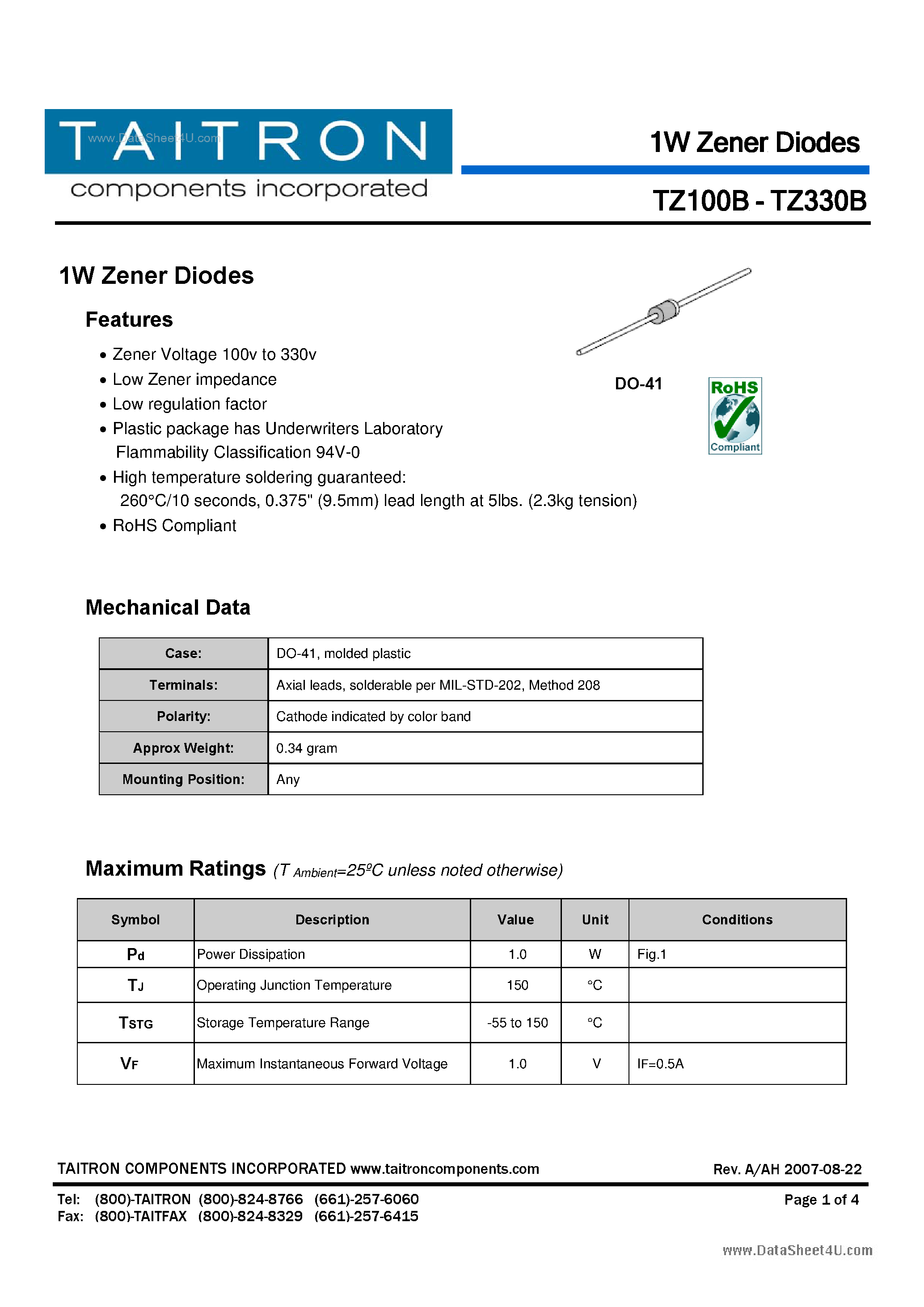 Даташит на микросхему TZ200B страница 1 Даташит TZ200B - (TZ2xxB) 1W Zener Diodes страница 1