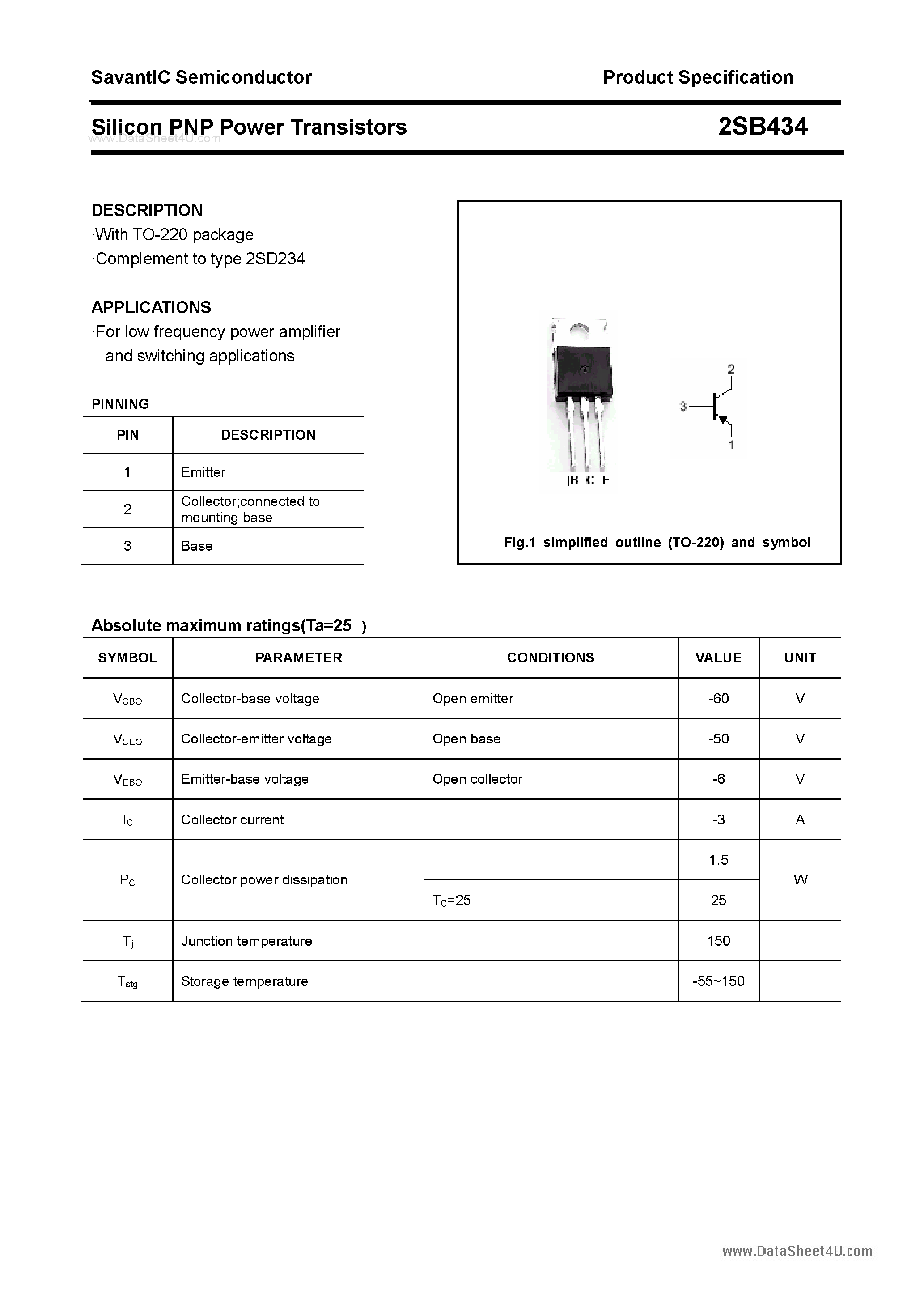 Datasheet 2SB434 page 1 Datasheet 2SB434 - SILICON POWER TRANSISTOR page 1