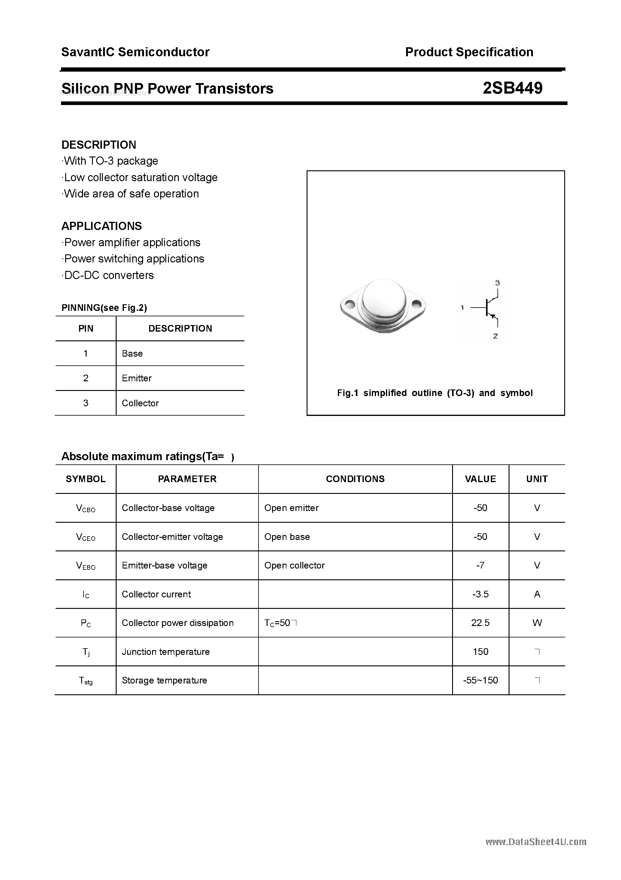 Datasheet 2SB449 - SILICON POWER TRANSISTOR page 1
