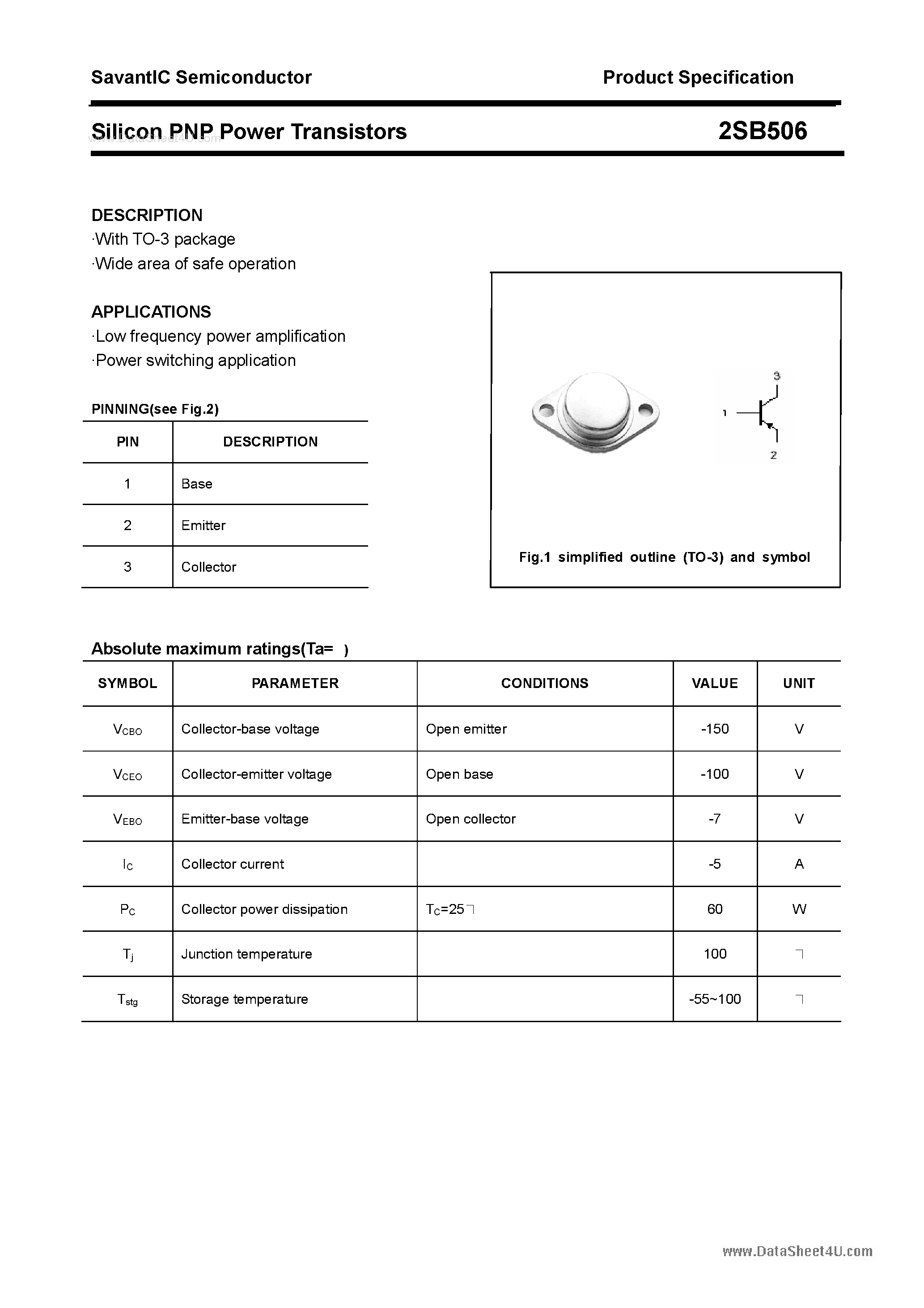 Datasheet 2SB506 page 1 Datasheet 2SB506 - SILICON POWER TRANSISTOR page 1