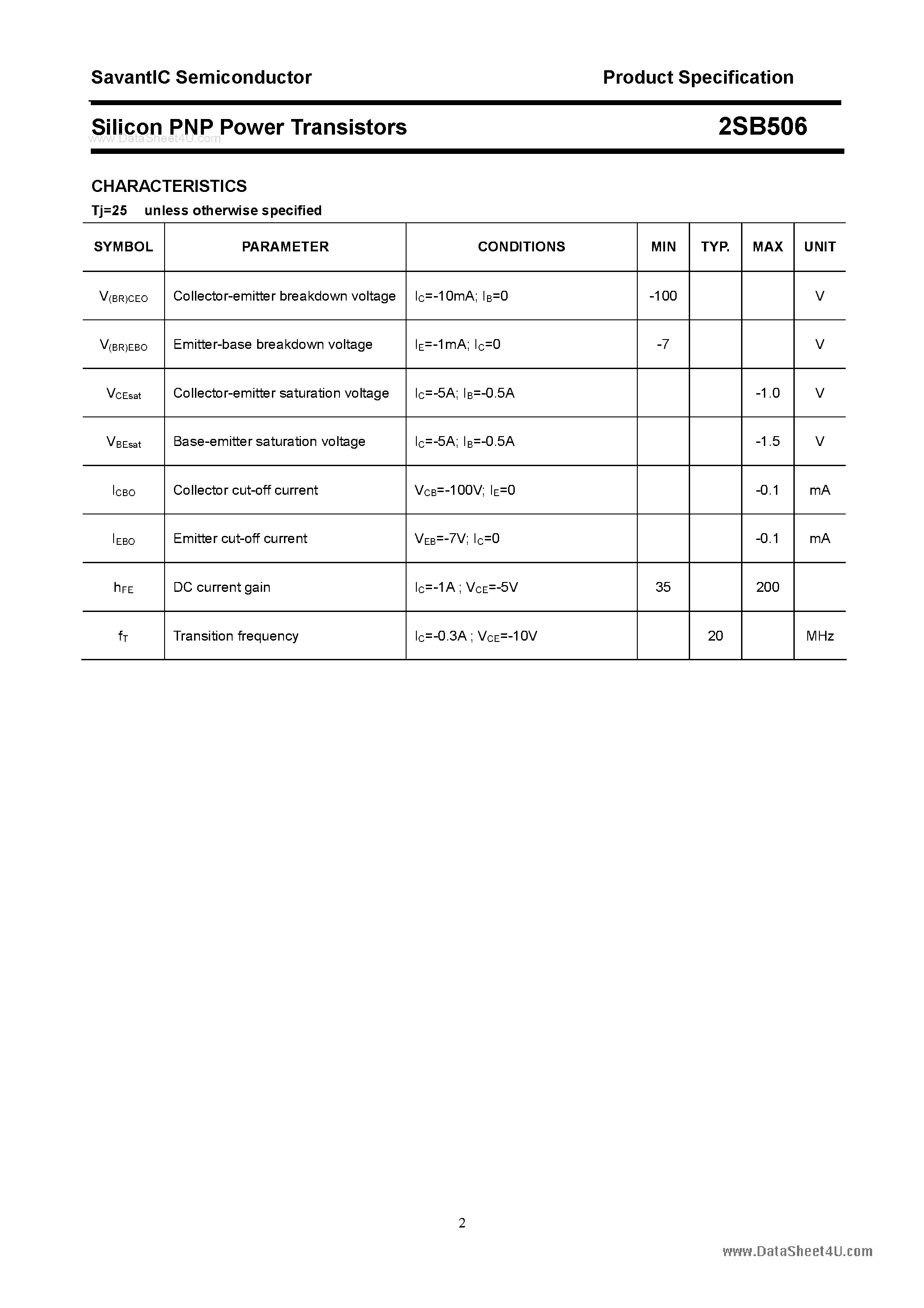 Datasheet 2SB506 page 2 Datasheet 2SB506 - SILICON POWER TRANSISTOR page 2