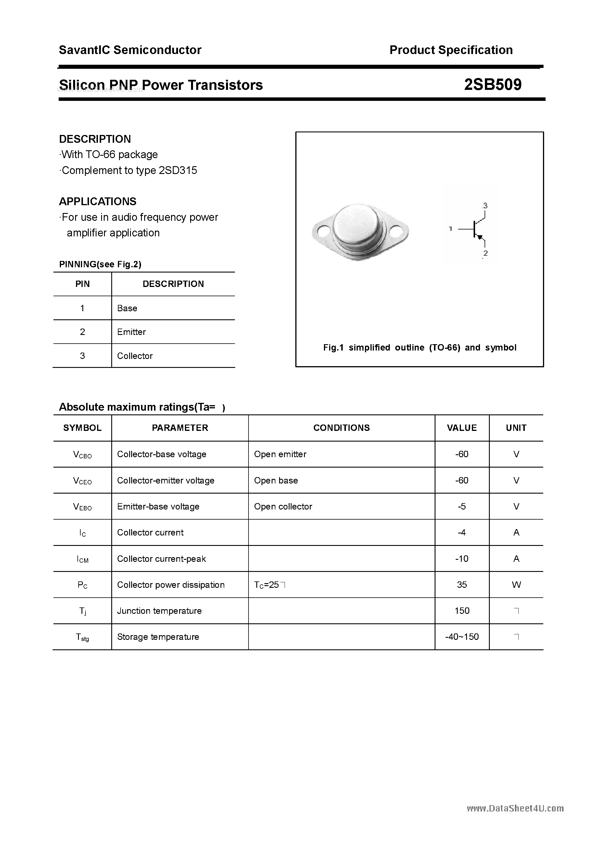 Datasheet 2SB509 page 1 Datasheet 2SB509 - SILICON POWER TRANSISTOR page 1