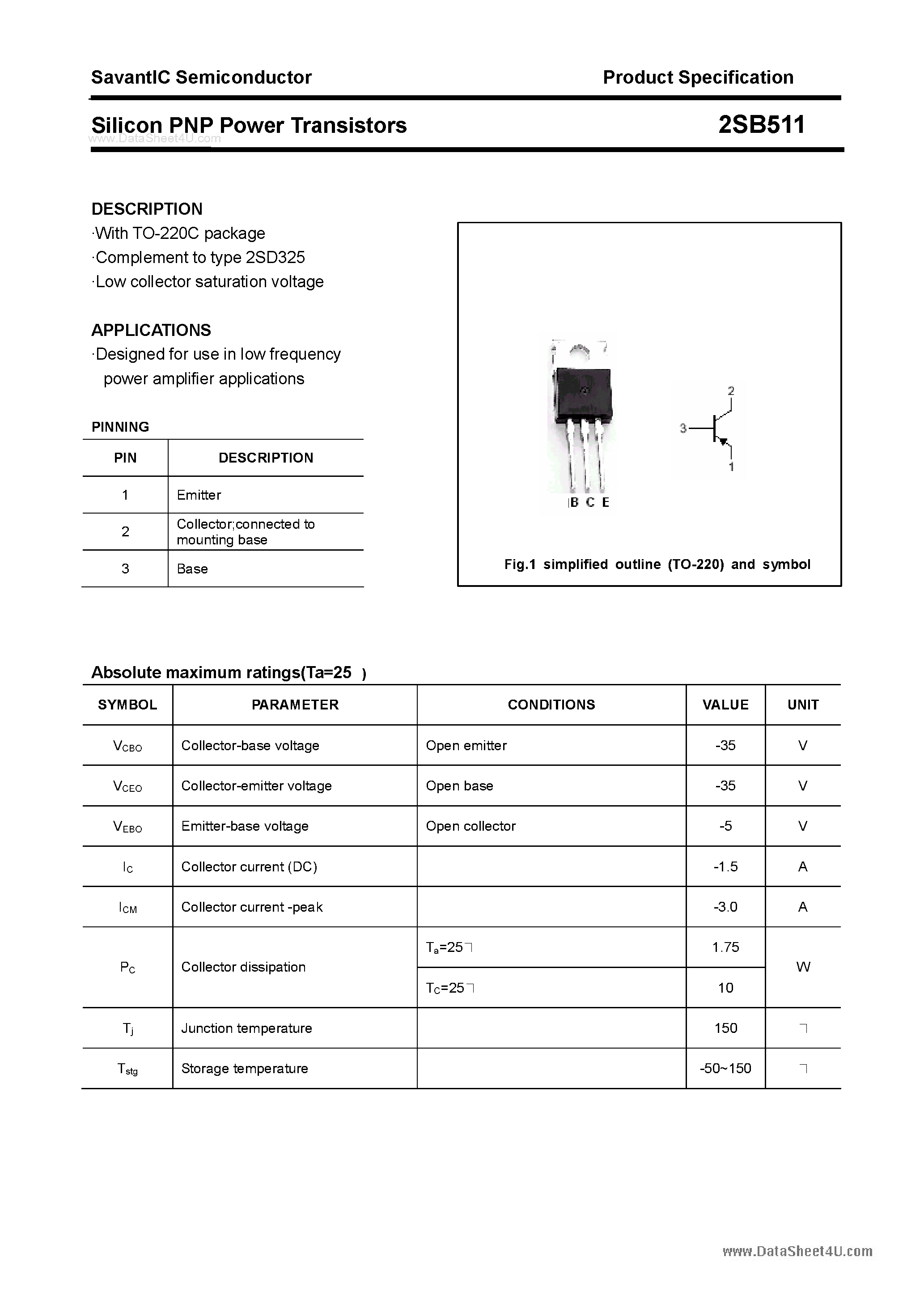 Datasheet 2SB511 page 1 Datasheet 2SB511 - SILICON POWER TRANSISTOR page 1