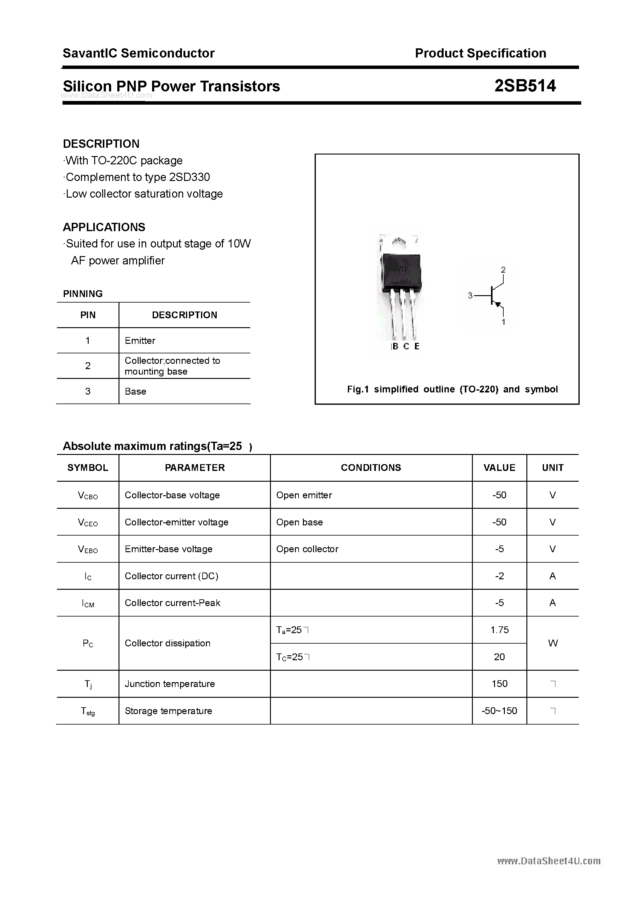 Datasheet 2SB514 page 1 Datasheet 2SB514 - SILICON POWER TRANSISTOR page 1