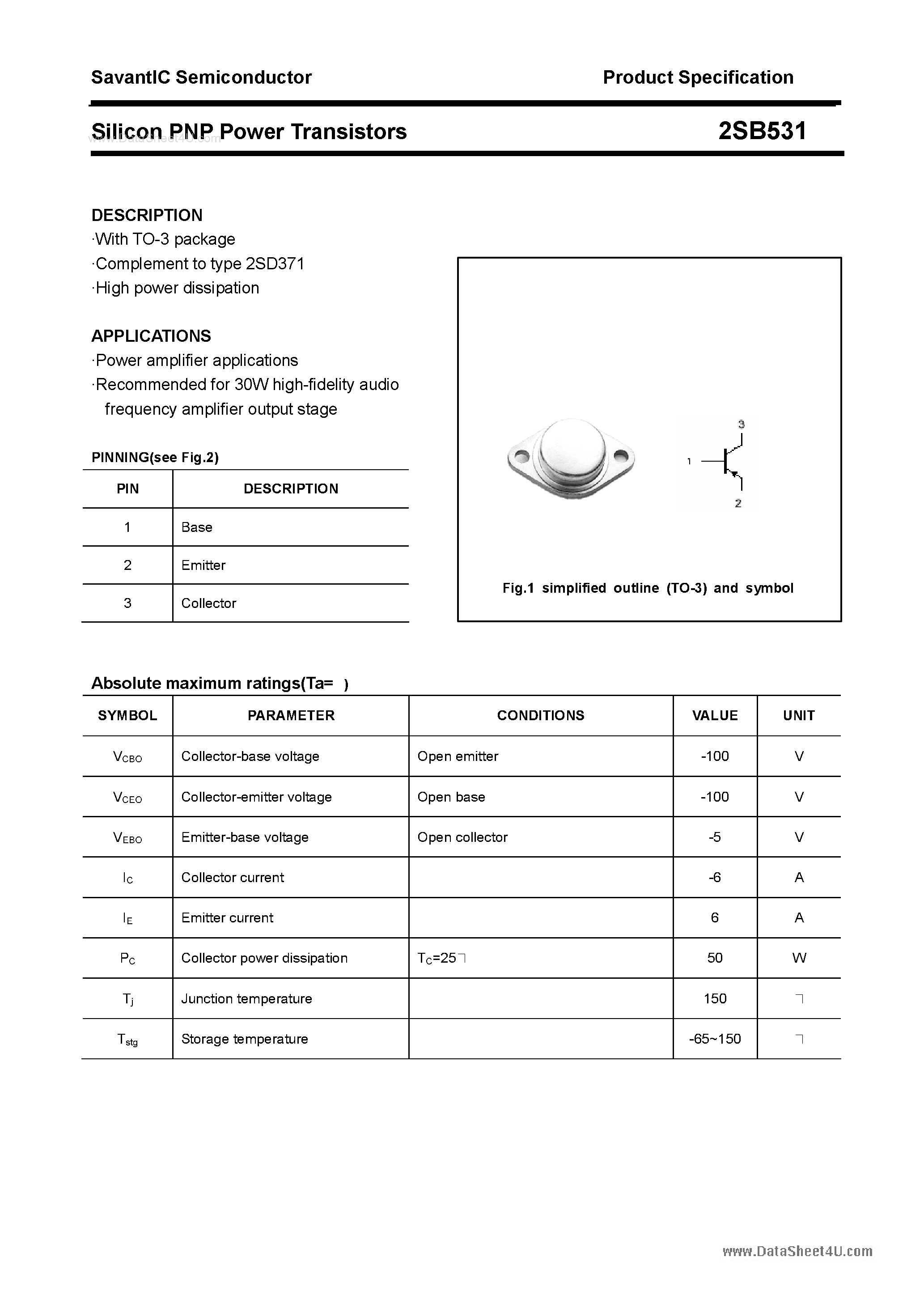 Datasheet 2SB531 page 1 Datasheet 2SB531 - SILICON POWER TRANSISTOR page 1