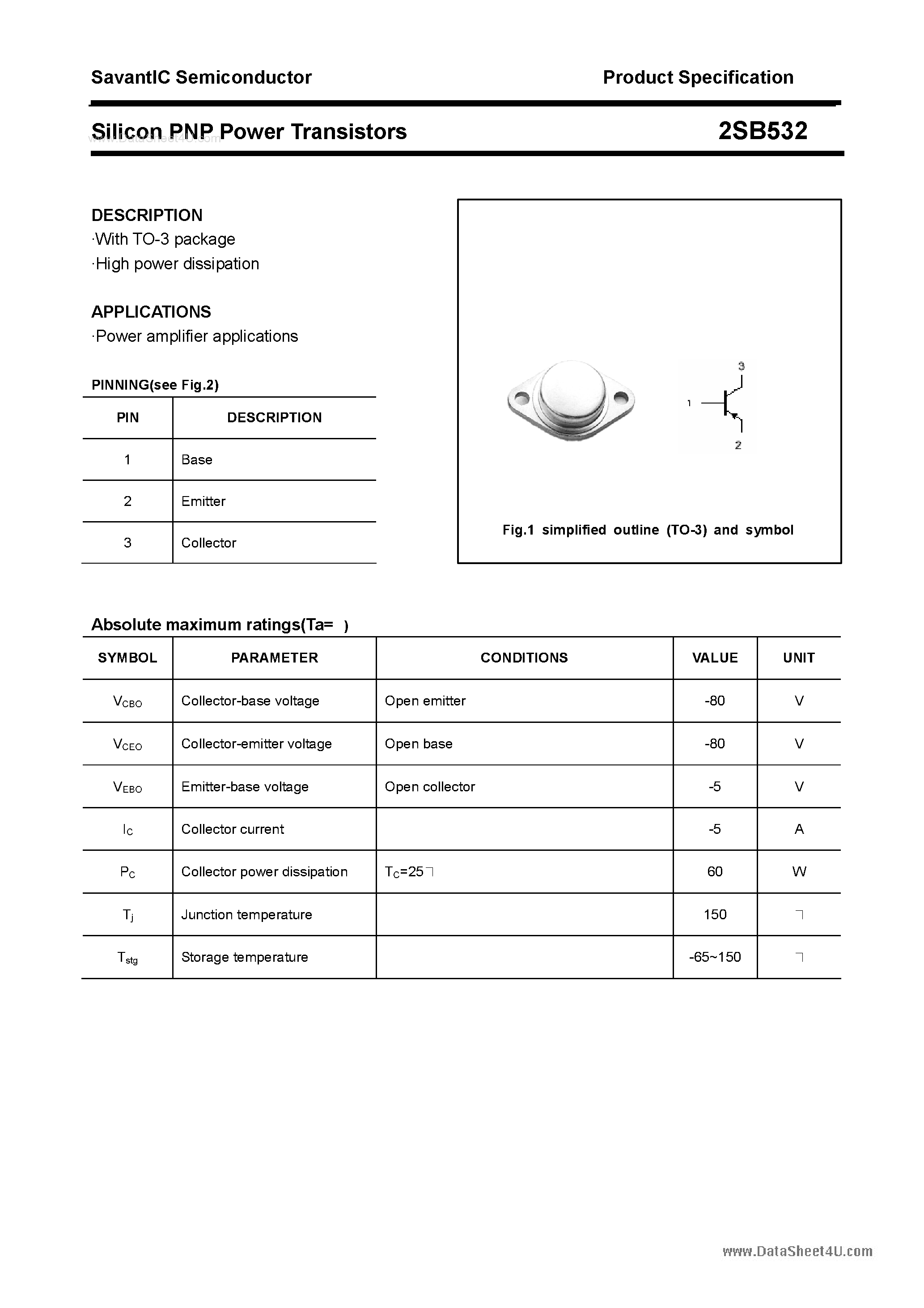 Datasheet 2SB532 page 1 Datasheet 2SB532 - SILICON POWER TRANSISTOR page 1