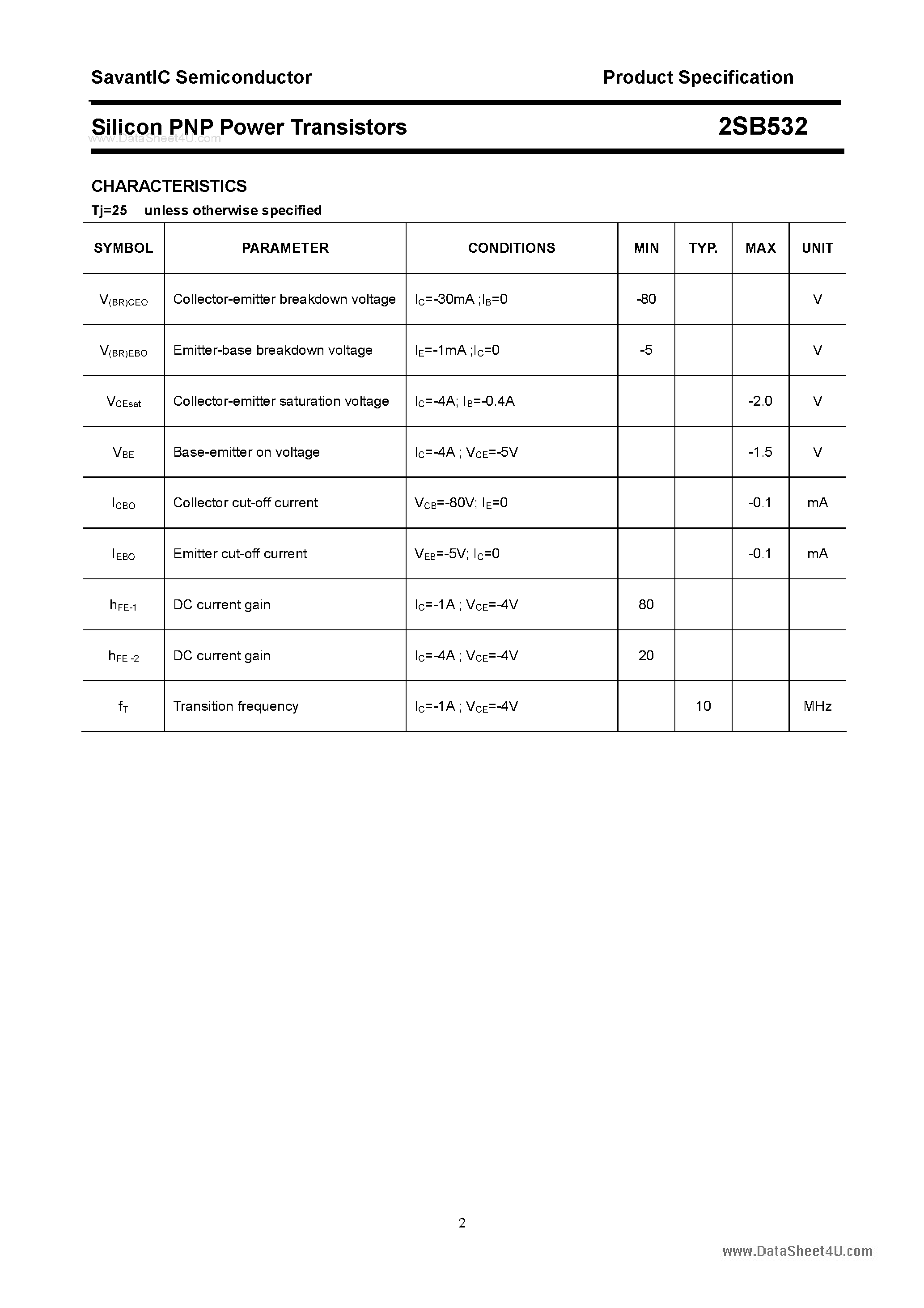 Datasheet 2SB532 page 2 Datasheet 2SB532 - SILICON POWER TRANSISTOR page 2