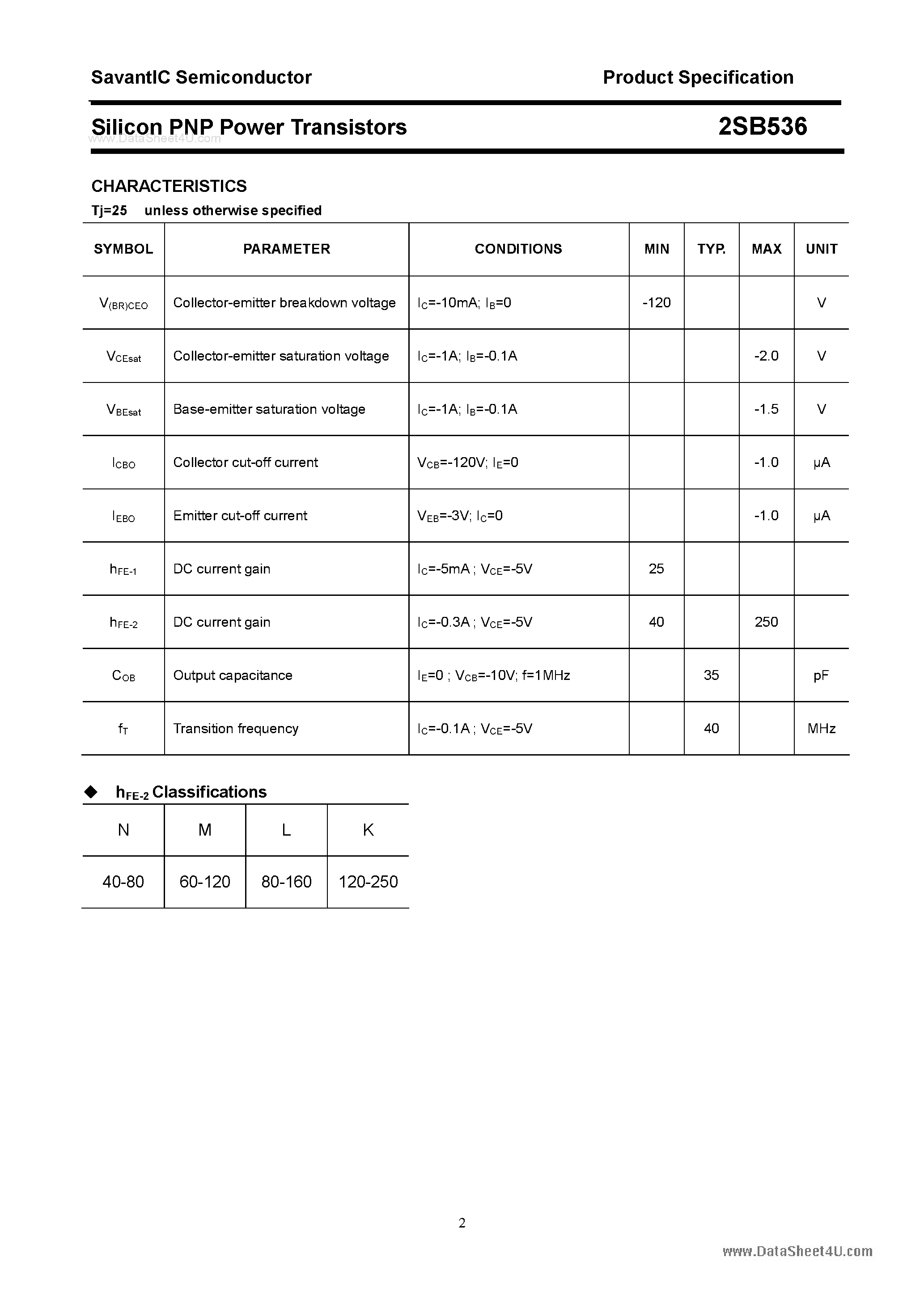 Datasheet 2SB536 page 2 Datasheet 2SB536 - SILICON POWER TRANSISTOR page 2