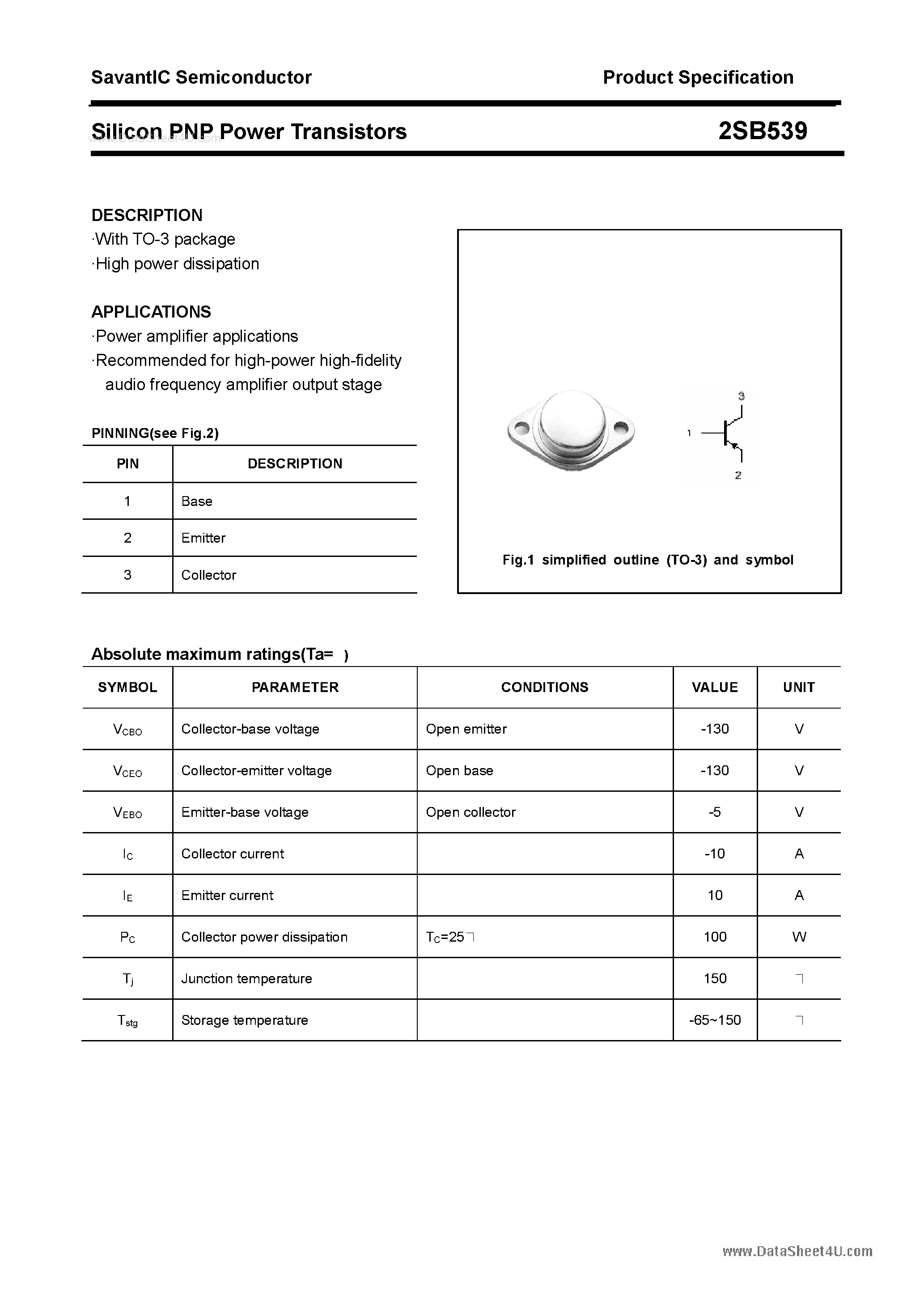 Datasheet 2SB539 page 1 Datasheet 2SB539 - SILICON POWER TRANSISTOR page 1