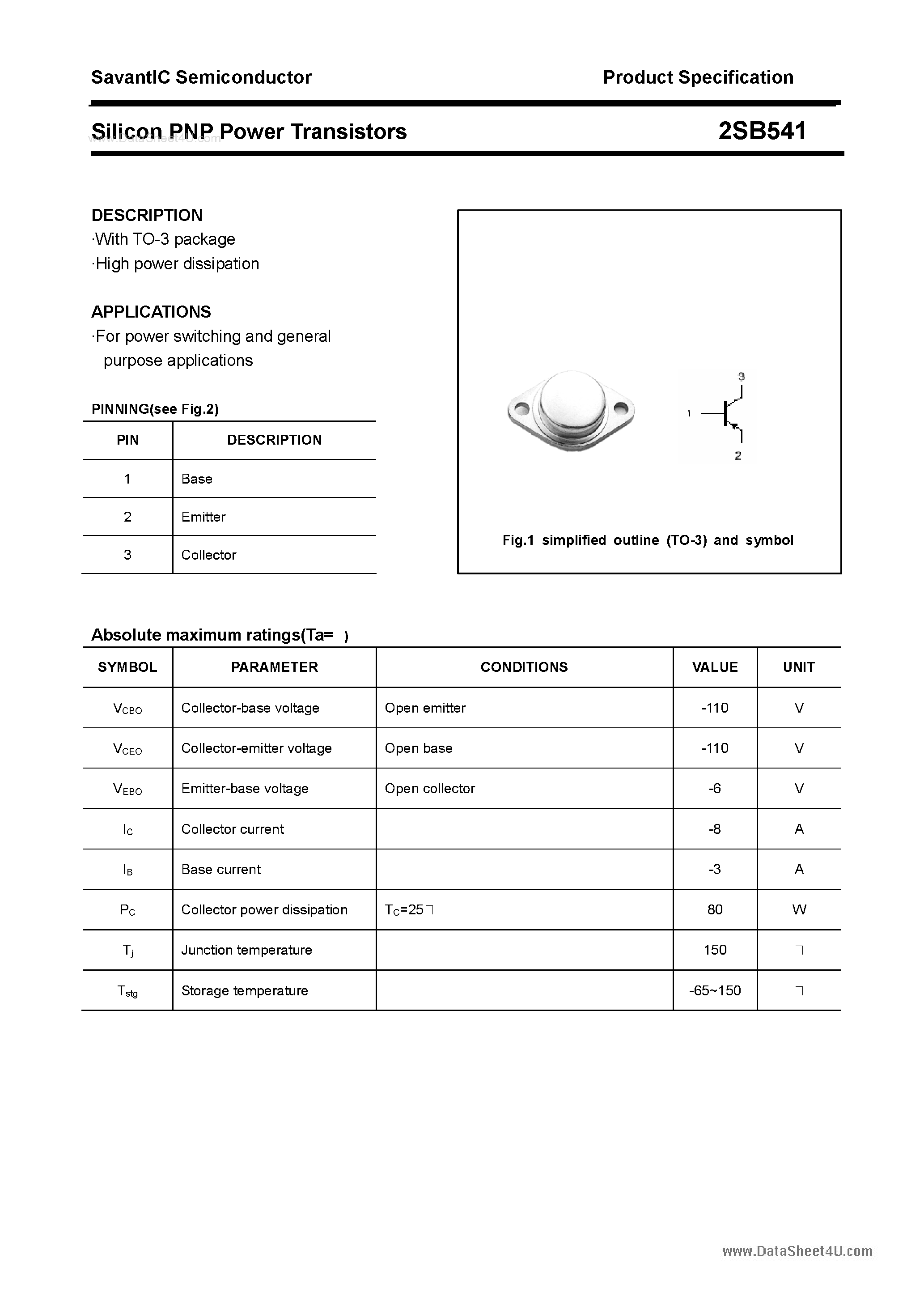Datasheet 2SB541 page 1 Datasheet 2SB541 - SILICON POWER TRANSISTOR page 1