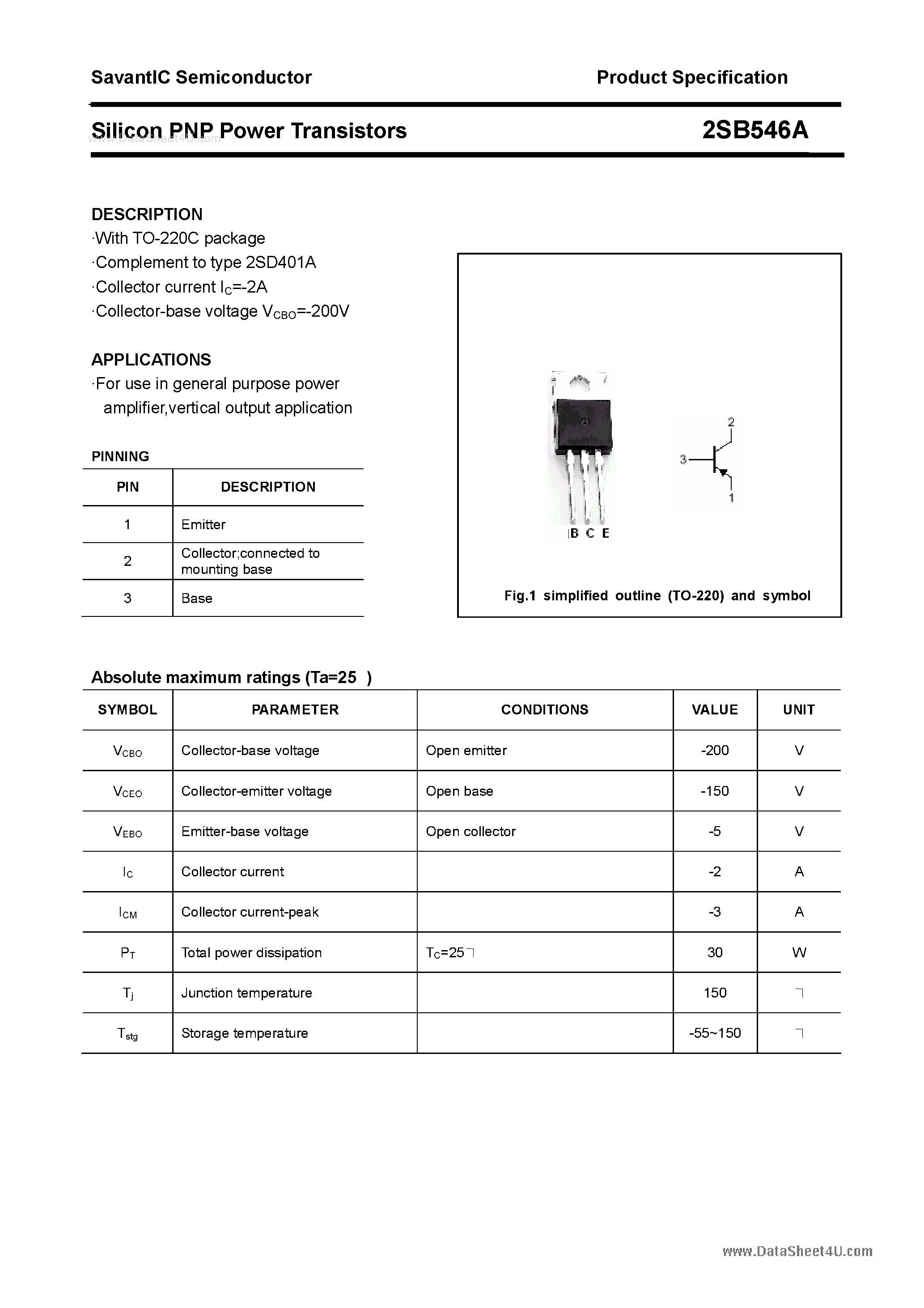 Datasheet 2SB546A - SILICON POWER TRANSISTOR page 1