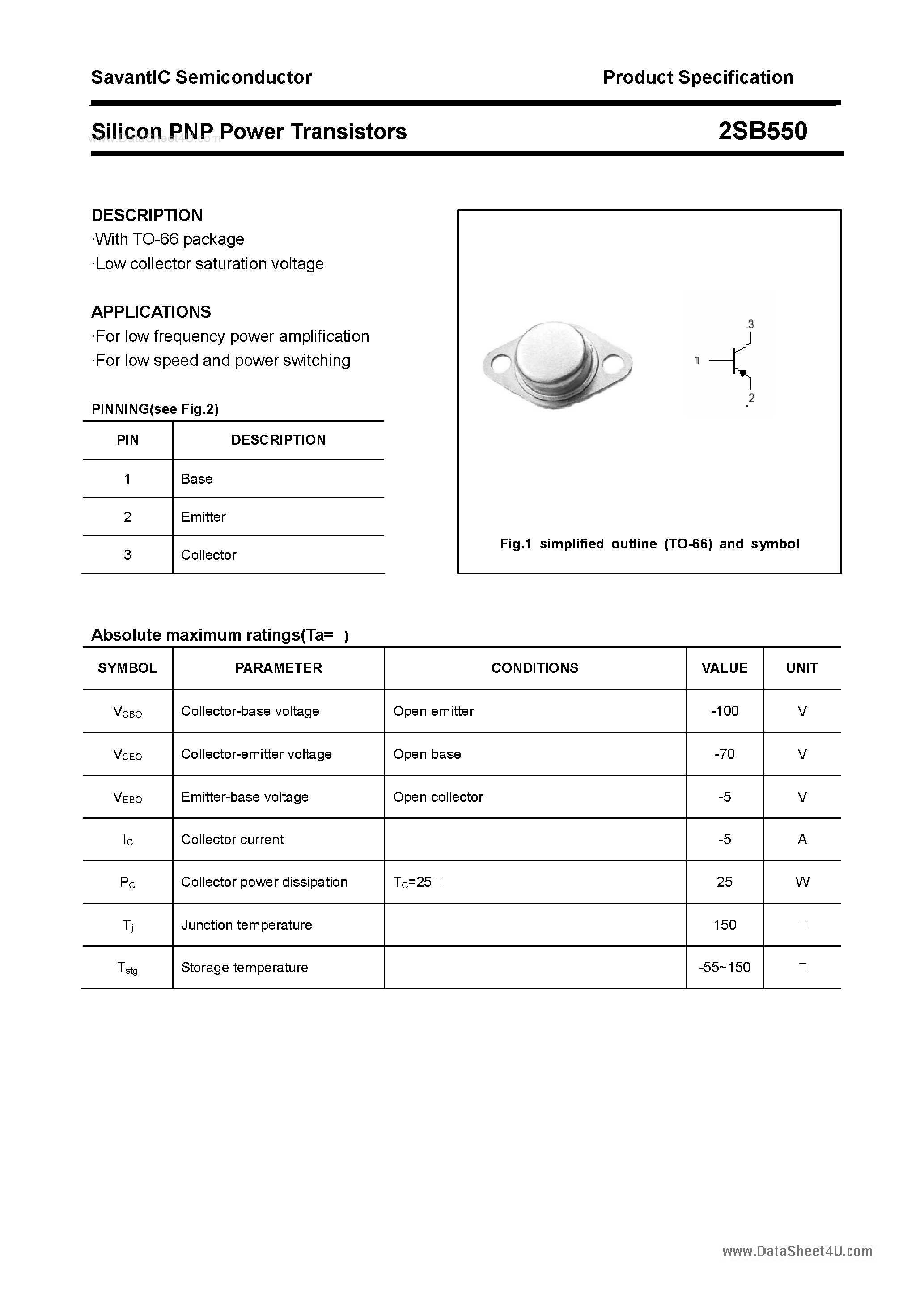 Datasheet 2SB550 - SILICON POWER TRANSISTOR page 1