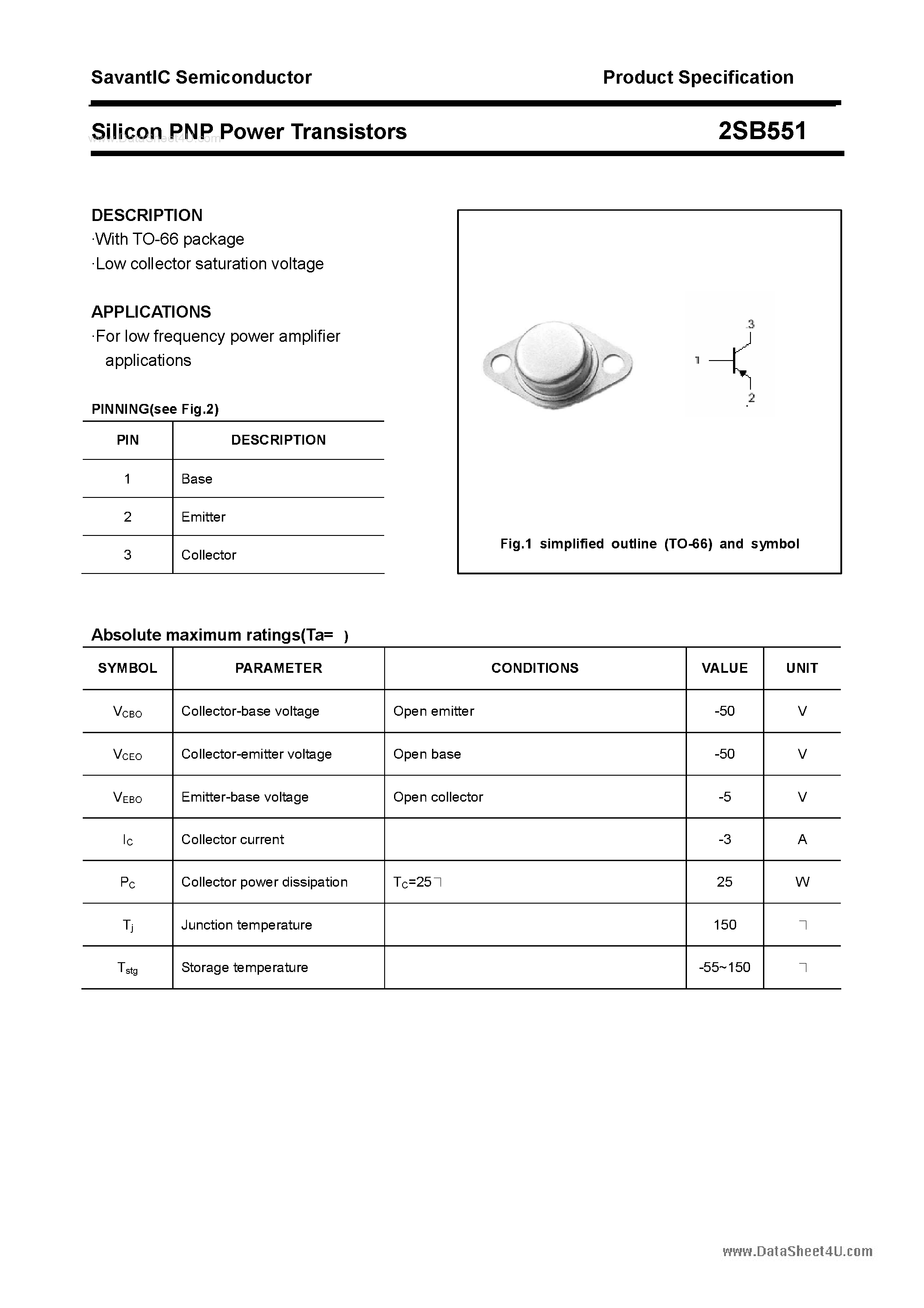 Datasheet 2SB551 page 1 Datasheet 2SB551 - SILICON POWER TRANSISTOR page 1