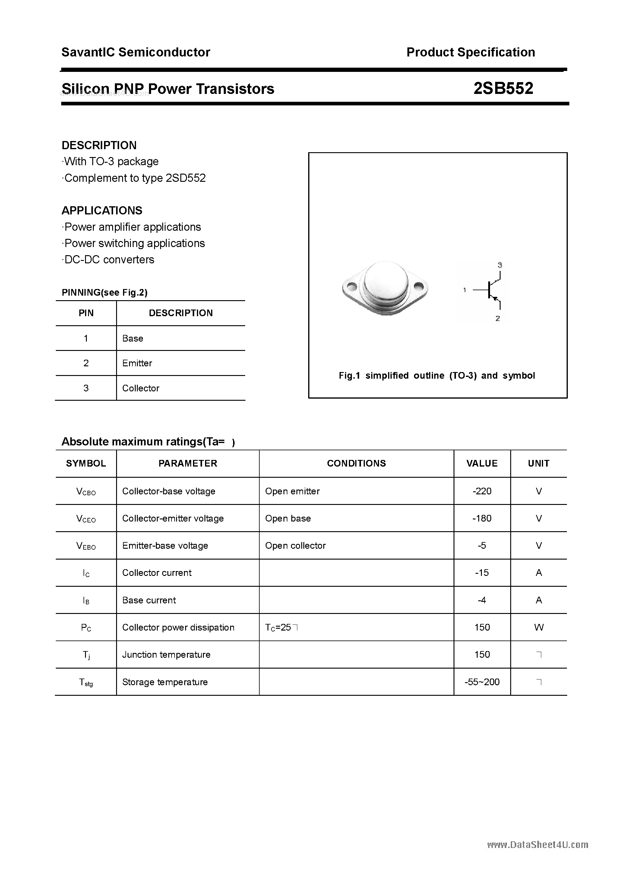 Datasheet 2SB552 - SILICON POWER TRANSISTOR page 1