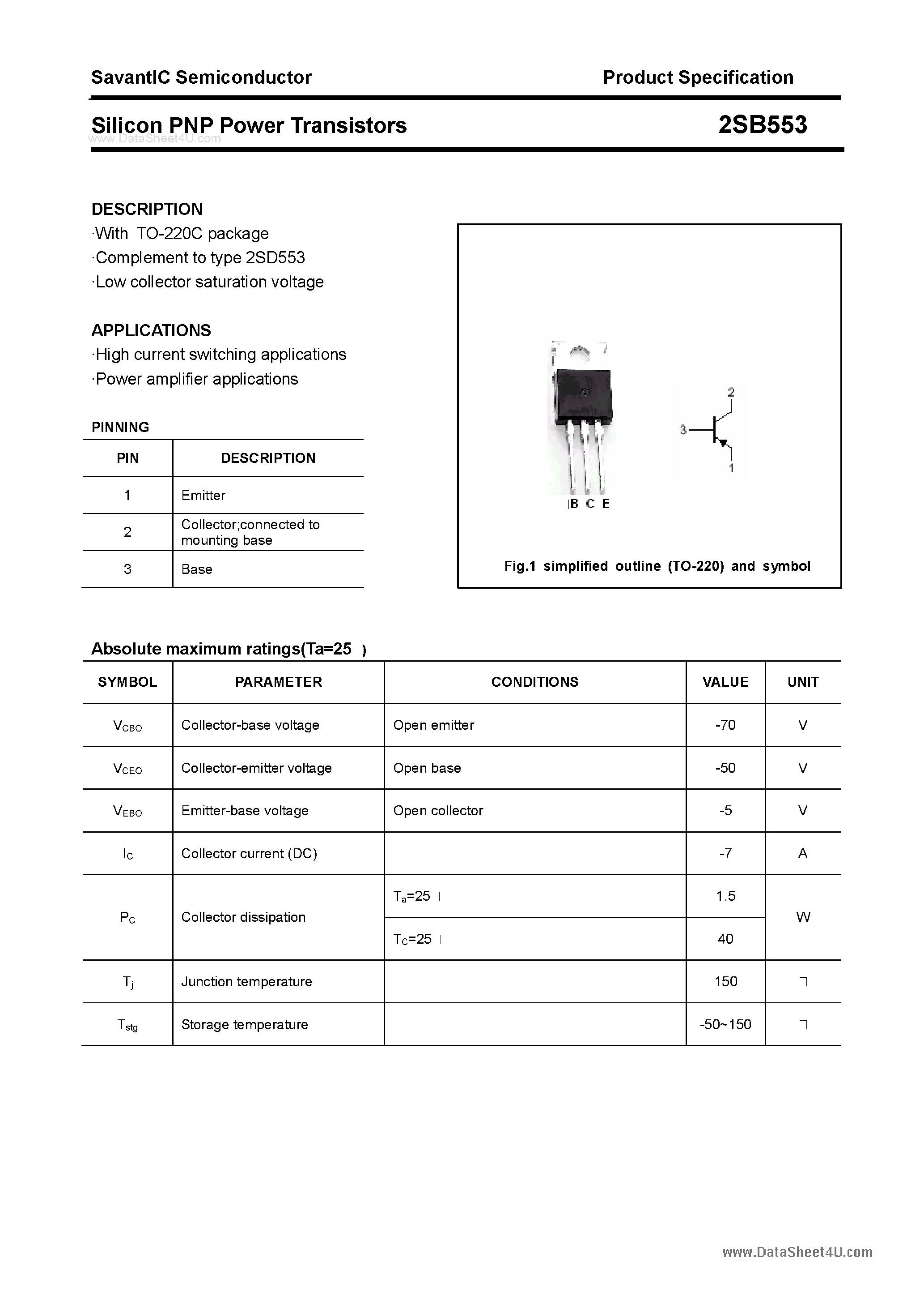Datasheet 2SB553 page 1 Datasheet 2SB553 - SILICON POWER TRANSISTOR page 1