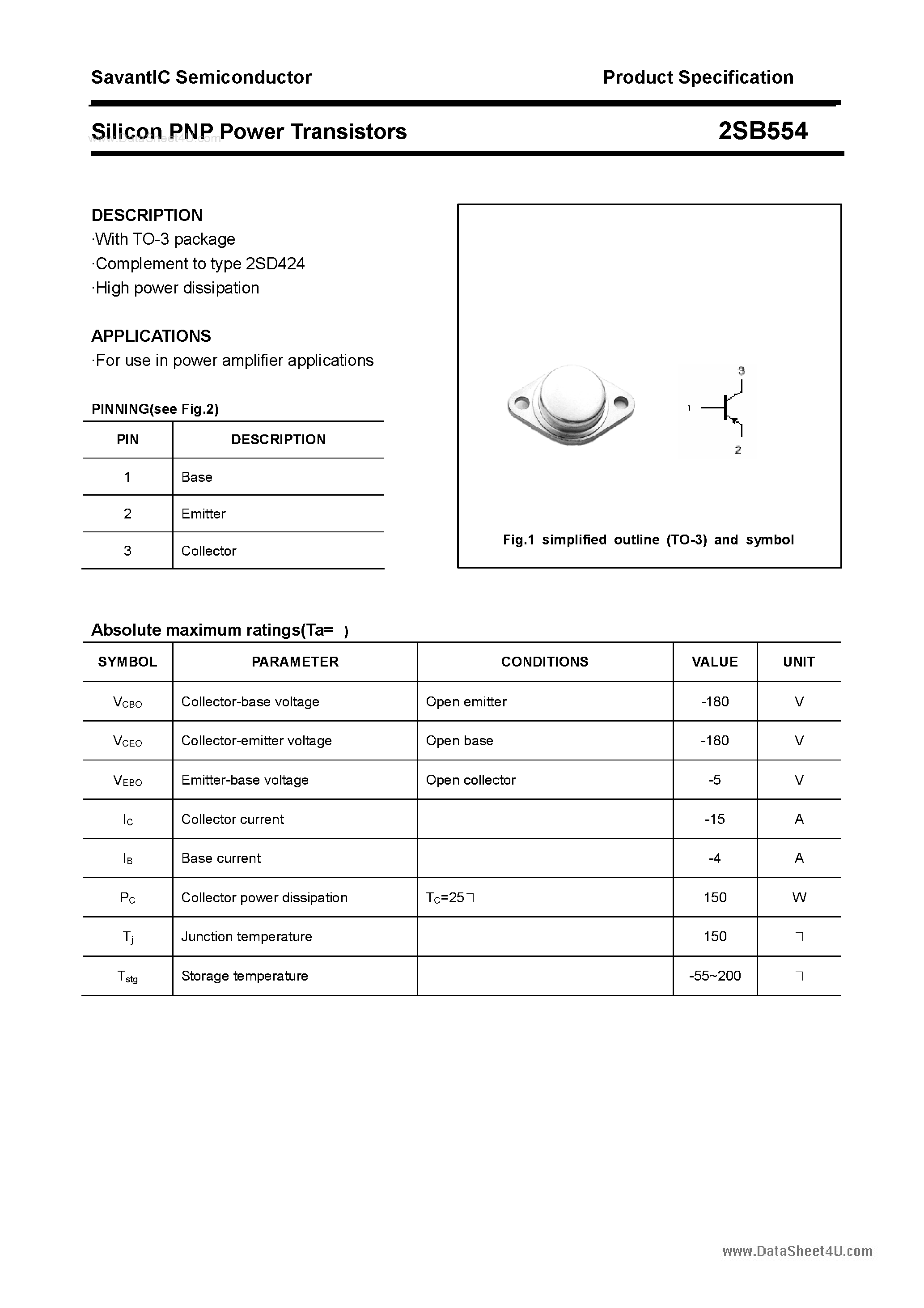 Datasheet 2SB554 page 1 Datasheet 2SB554 - SILICON POWER TRANSISTOR page 1