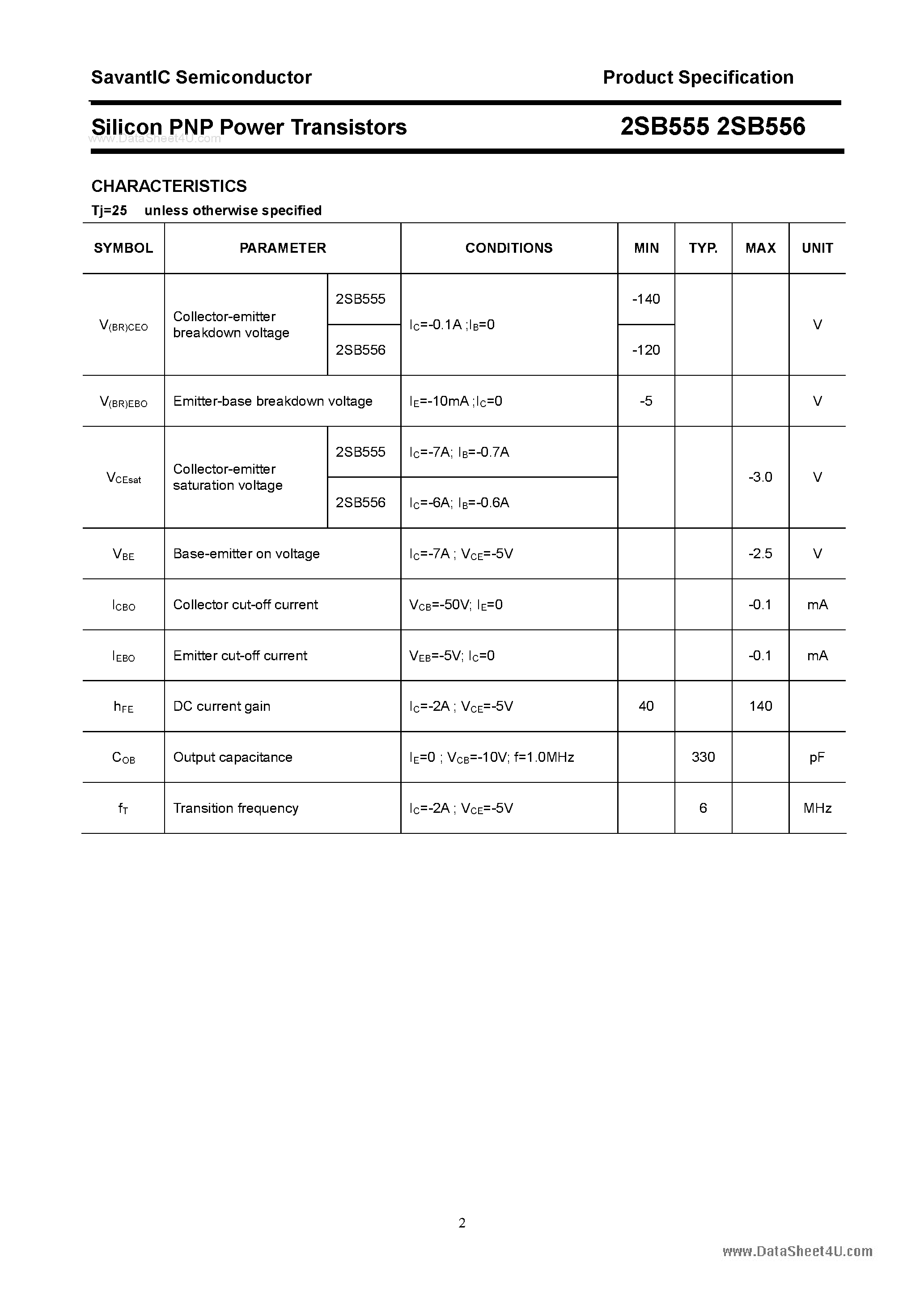 Datasheet 2SB555 page 2 Datasheet 2SB555 - (2SB555 / 2SB556) SILICON POWER TRANSISTOR page 2