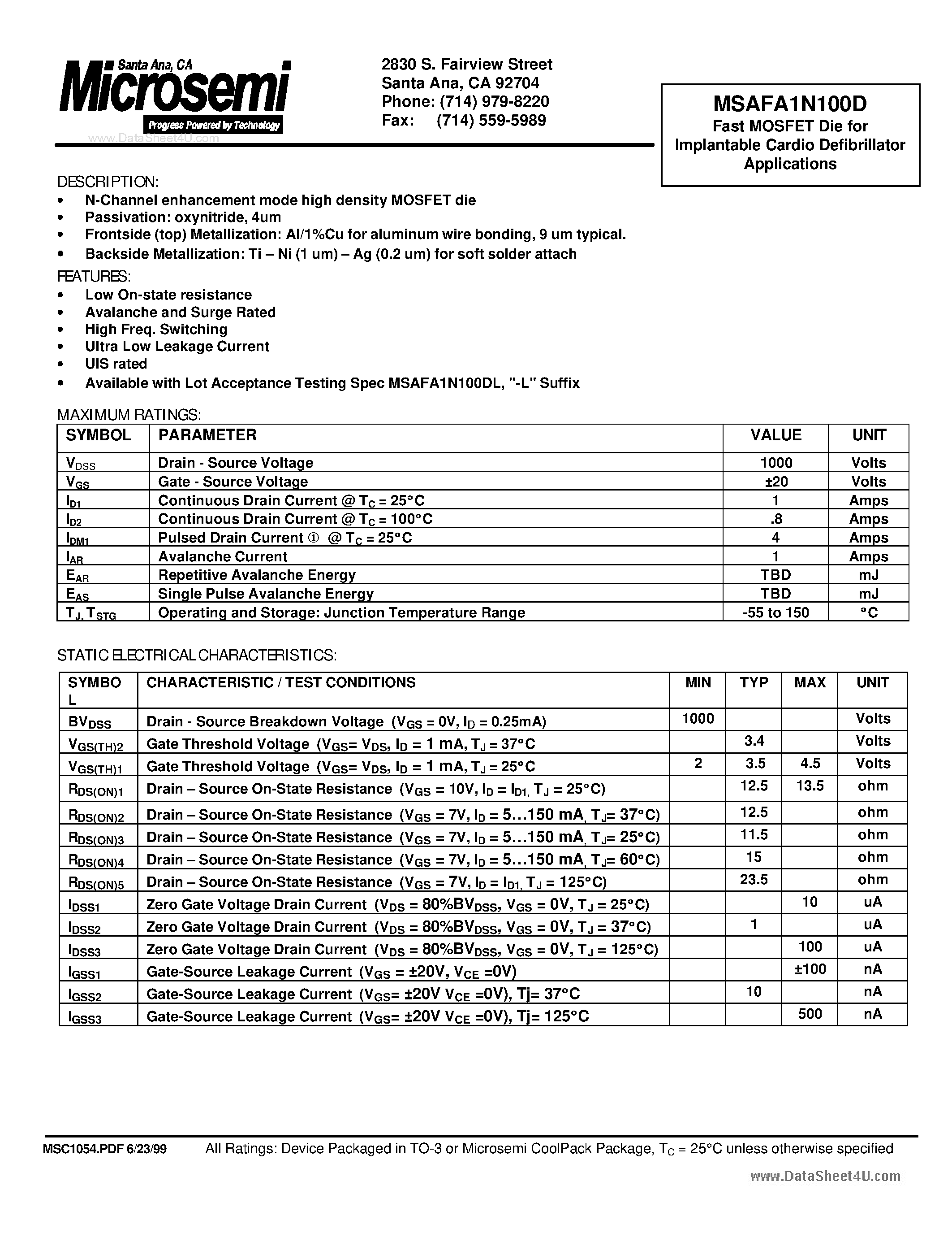 Даташит на микросхему MSAFA1N100D страница 1 Даташит MSAFA1N100D - Fast MOSFET Die страница 1