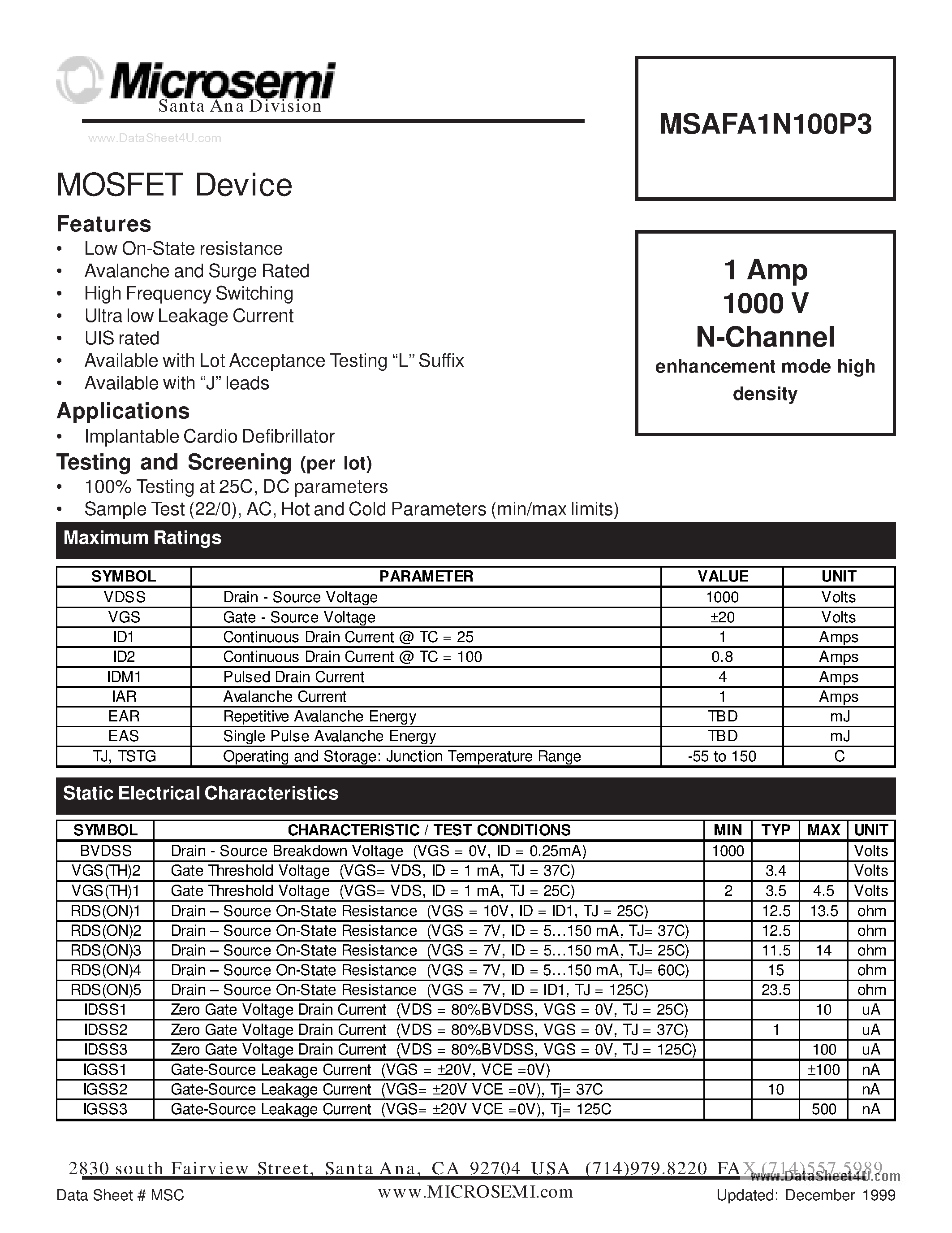 Даташит на микросхему MSAFA1N100P3 страница 1 Даташит MSAFA1N100P3 - MOSFET Device страница 1