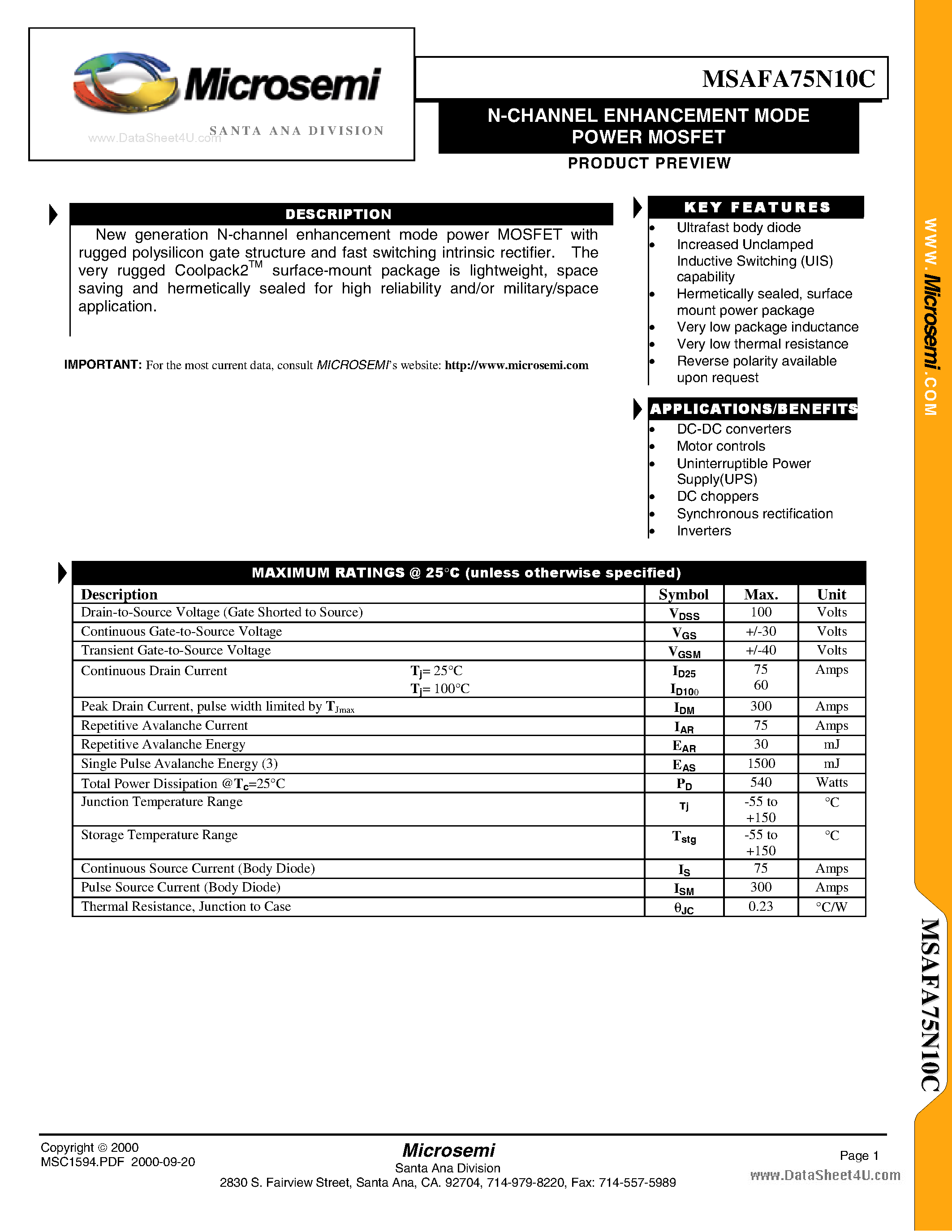 Datasheet MSAFA75N10C page 1 Datasheet MSAFA75N10C - N-CHANNEL ENHANCEMENT MODE POWER MOSFET page 1