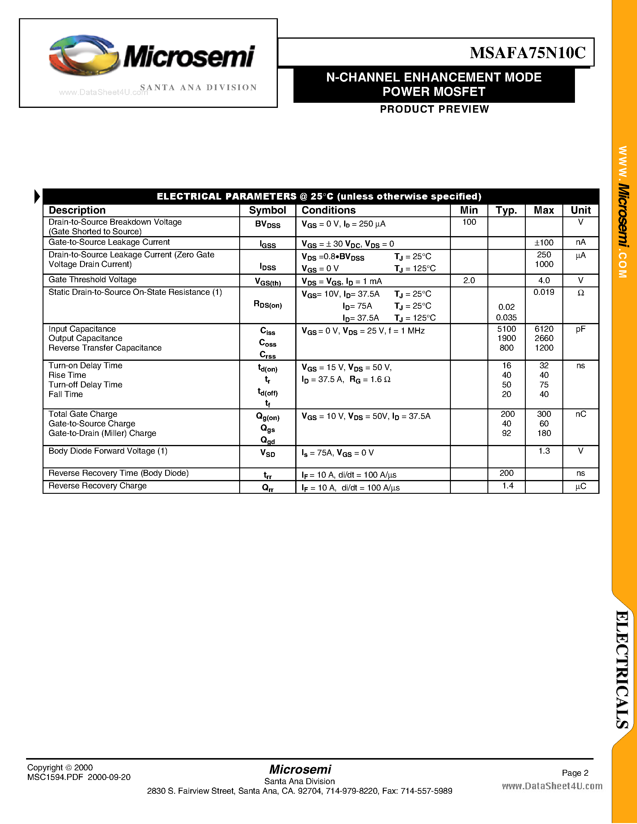 Datasheet MSAFA75N10C page 2 Datasheet MSAFA75N10C - N-CHANNEL ENHANCEMENT MODE POWER MOSFET page 2