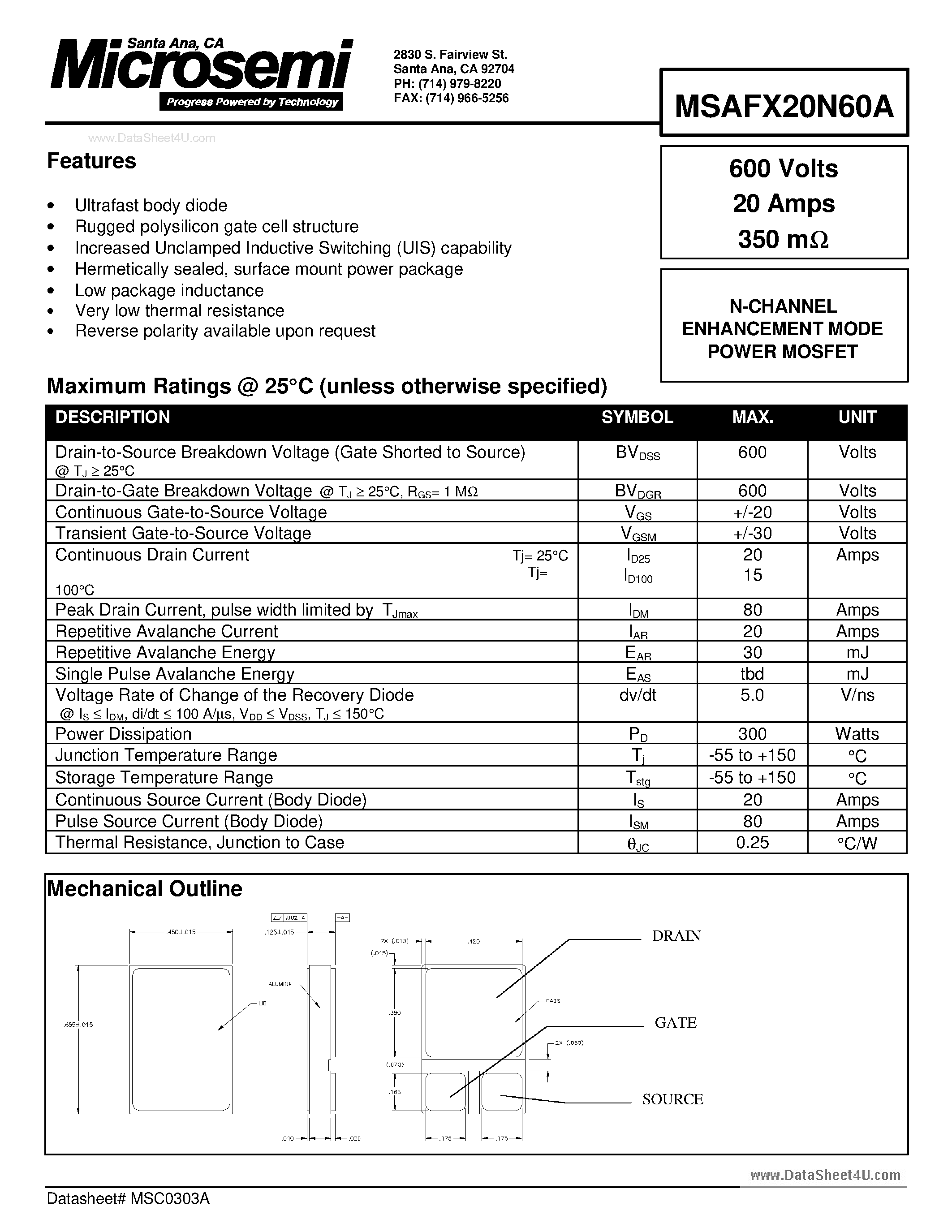Даташит на микросхему MSAFX20N60A страница 1 Даташит MSAFX20N60A - N-CHANNEL ENHANCEMENT MODE POWER MOSFET страница 1