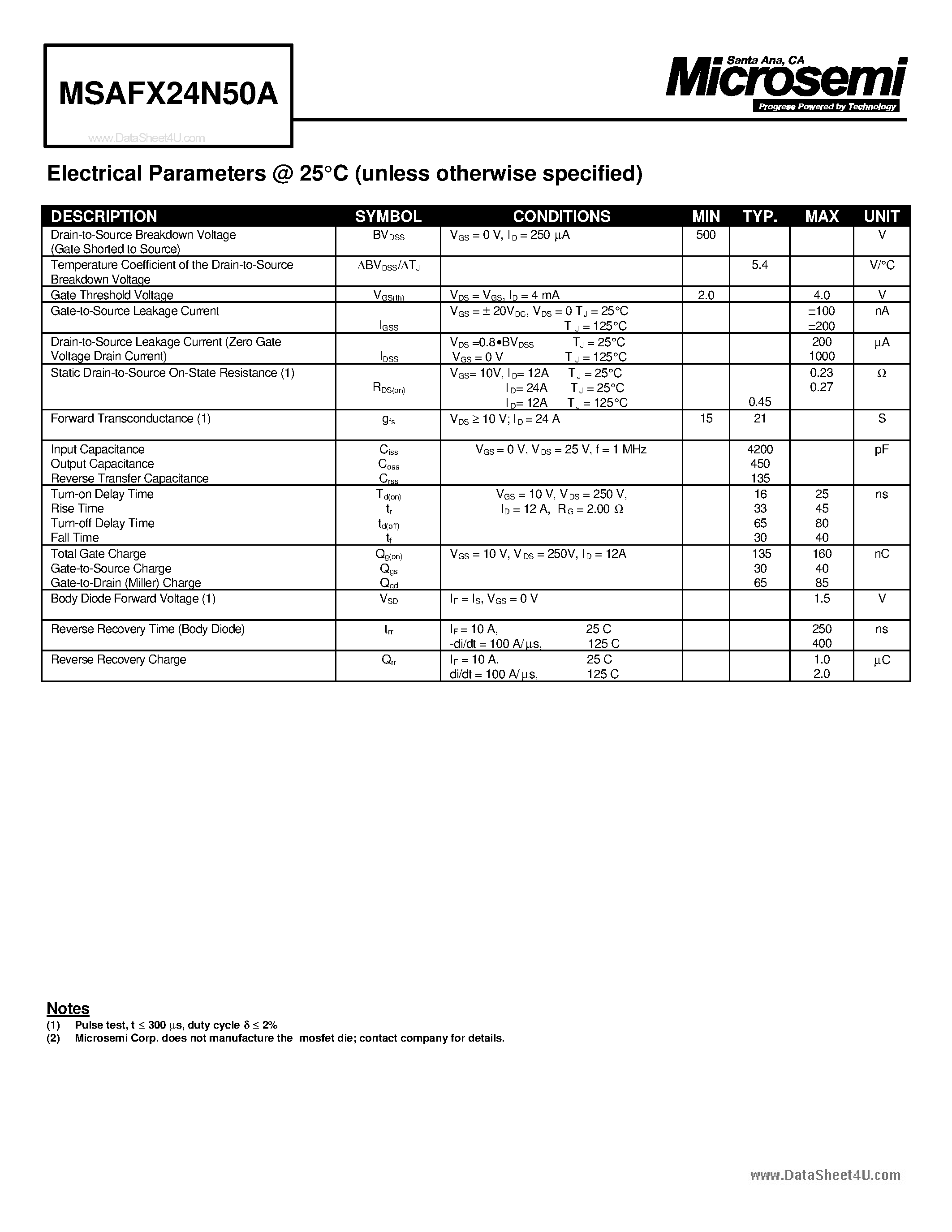 Даташит на микросхему MSAFX24N50A страница 2 Даташит MSAFX24N50A - N-CHANNEL ENHANCEMENT MODE POWER MOSFET страница 2
