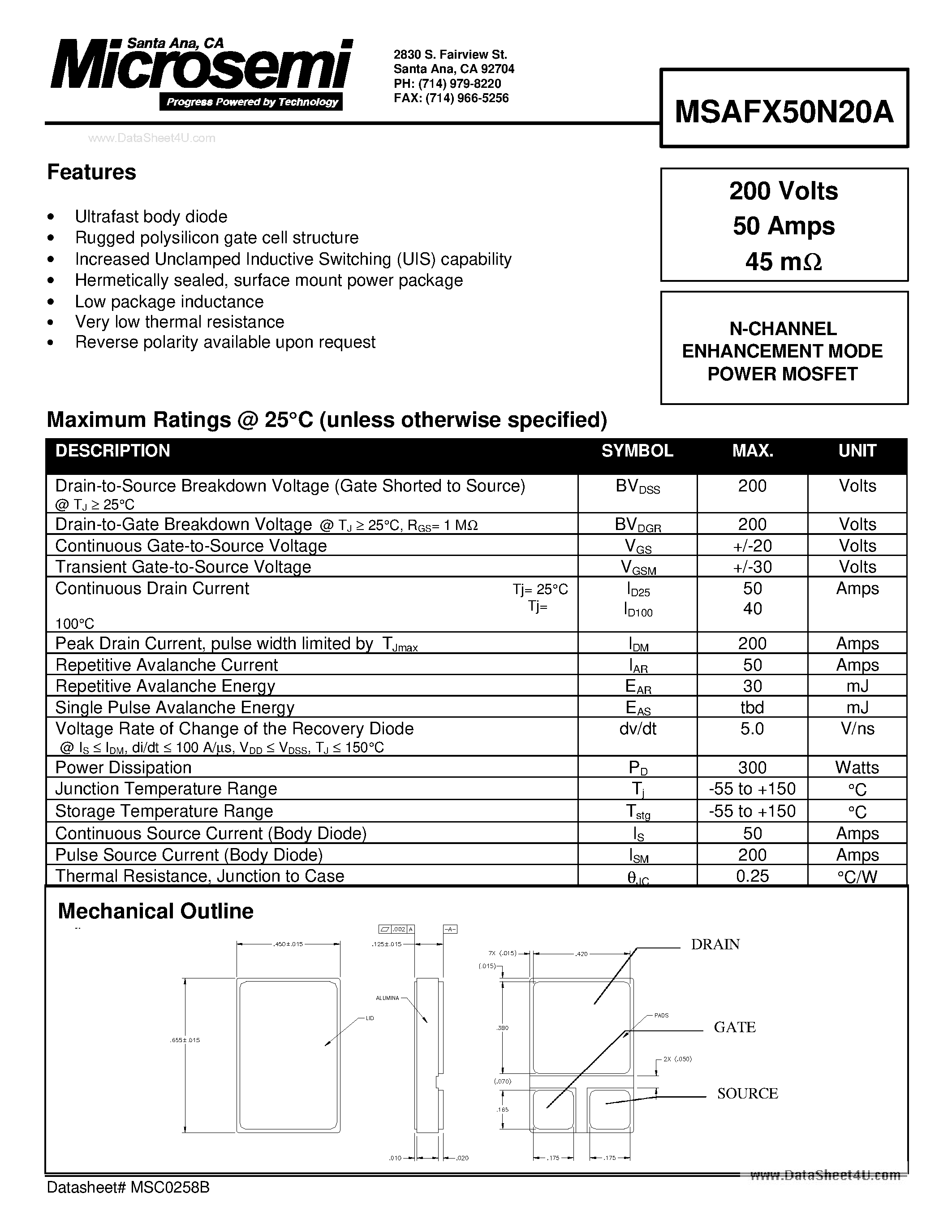 Даташит MSAFX50N20A - N-CHANNEL ENHANCEMENT MODE POWER MOSFET страница 1