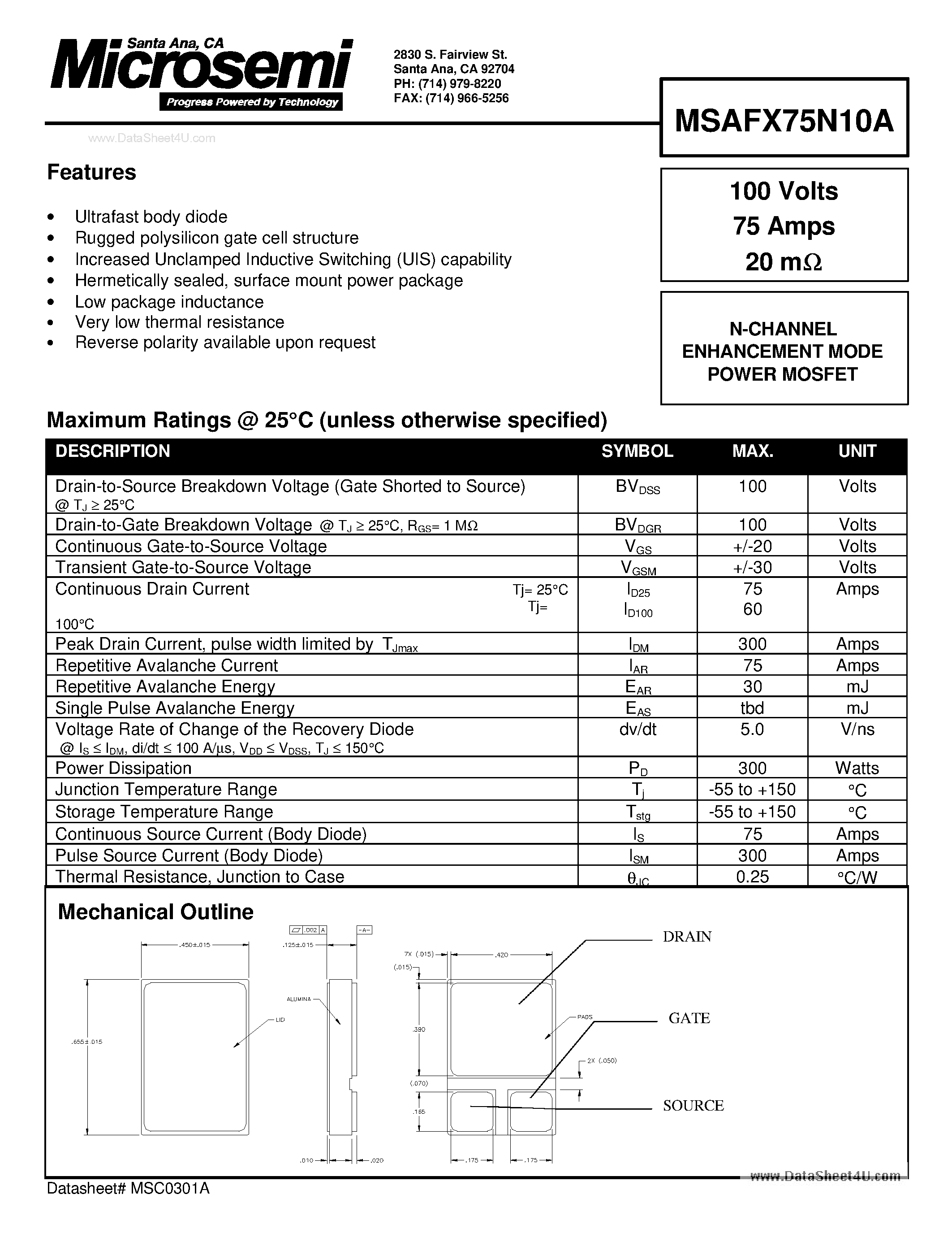 Даташит MSAFX75N10A - N-CHANNEL ENHANCEMENT MODE POWER MOSFET страница 1