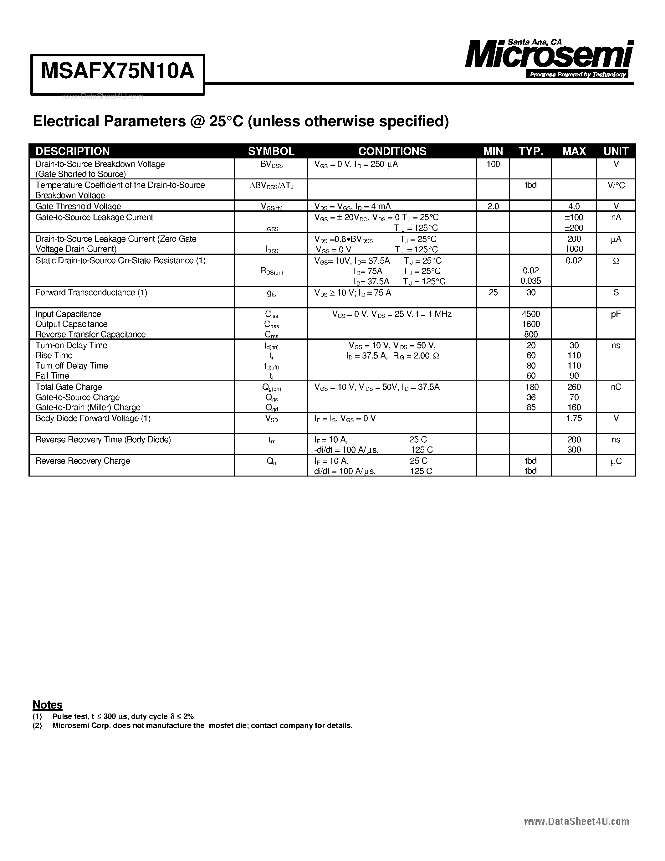 Даташит MSAFX75N10A - N-CHANNEL ENHANCEMENT MODE POWER MOSFET страница 2