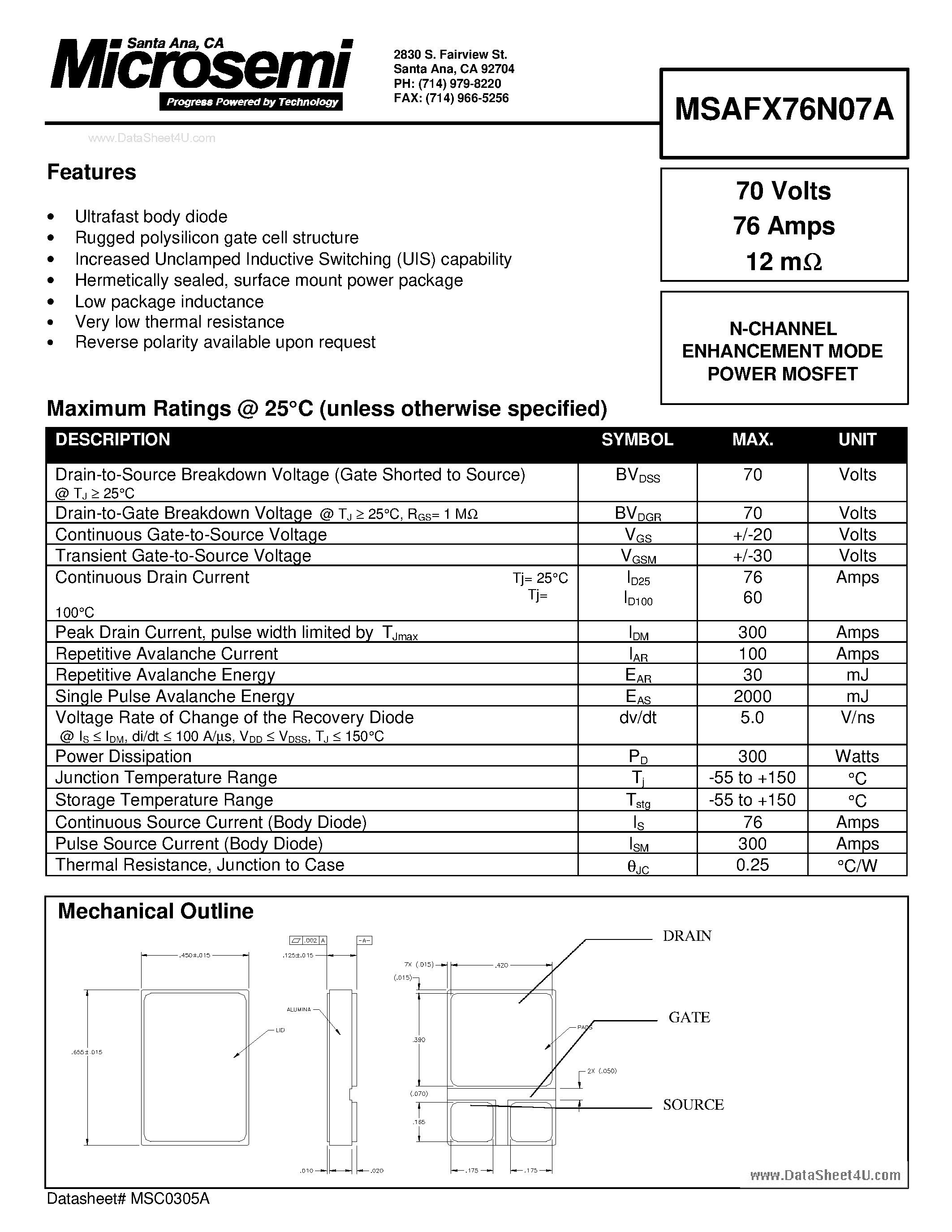 Даташит на микросхему MSAFX76N07A страница 1 Даташит MSAFX76N07A - N-CHANNEL ENHANCEMENT MODE POWER MOSFET страница 1