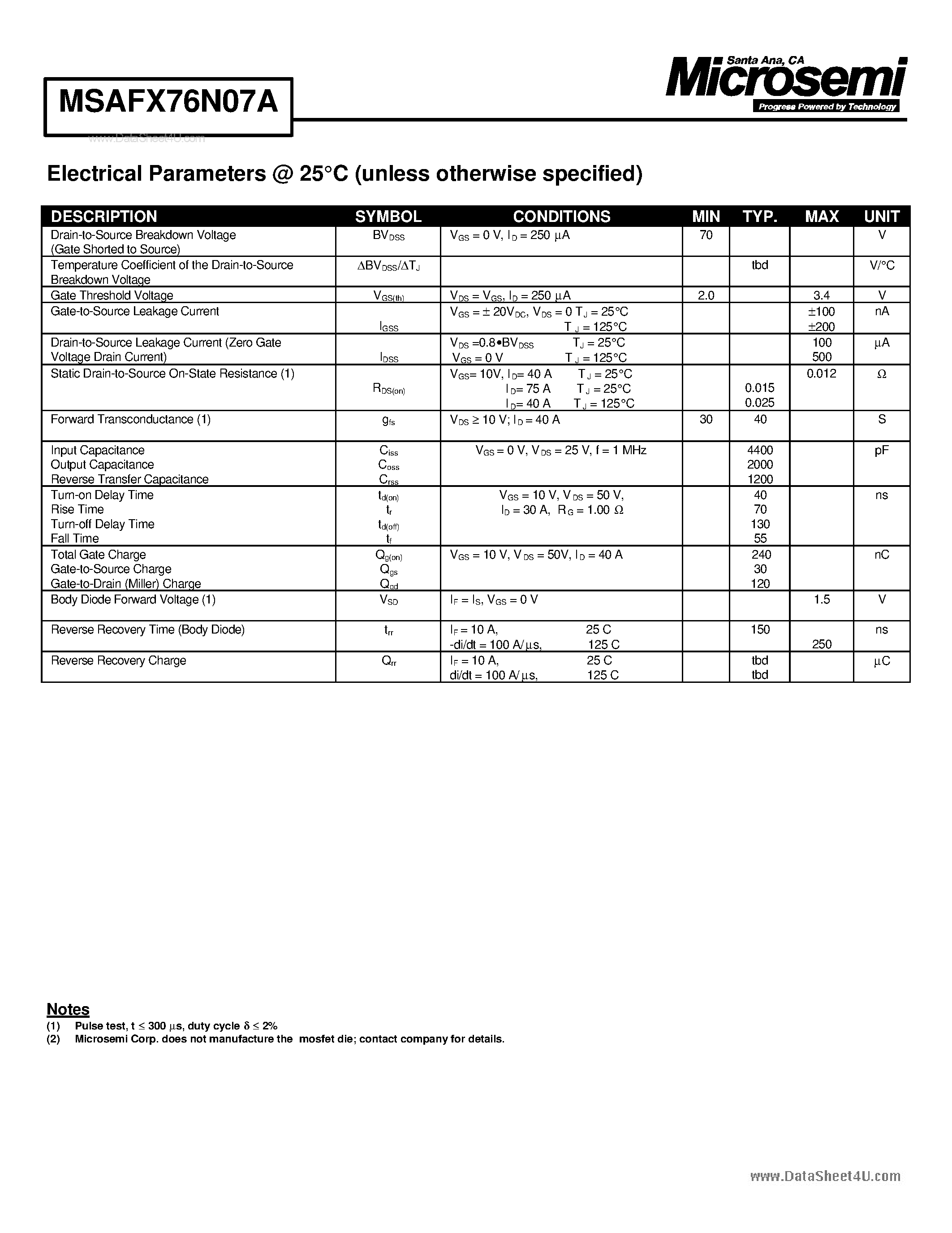 Даташит на микросхему MSAFX76N07A страница 2 Даташит MSAFX76N07A - N-CHANNEL ENHANCEMENT MODE POWER MOSFET страница 2