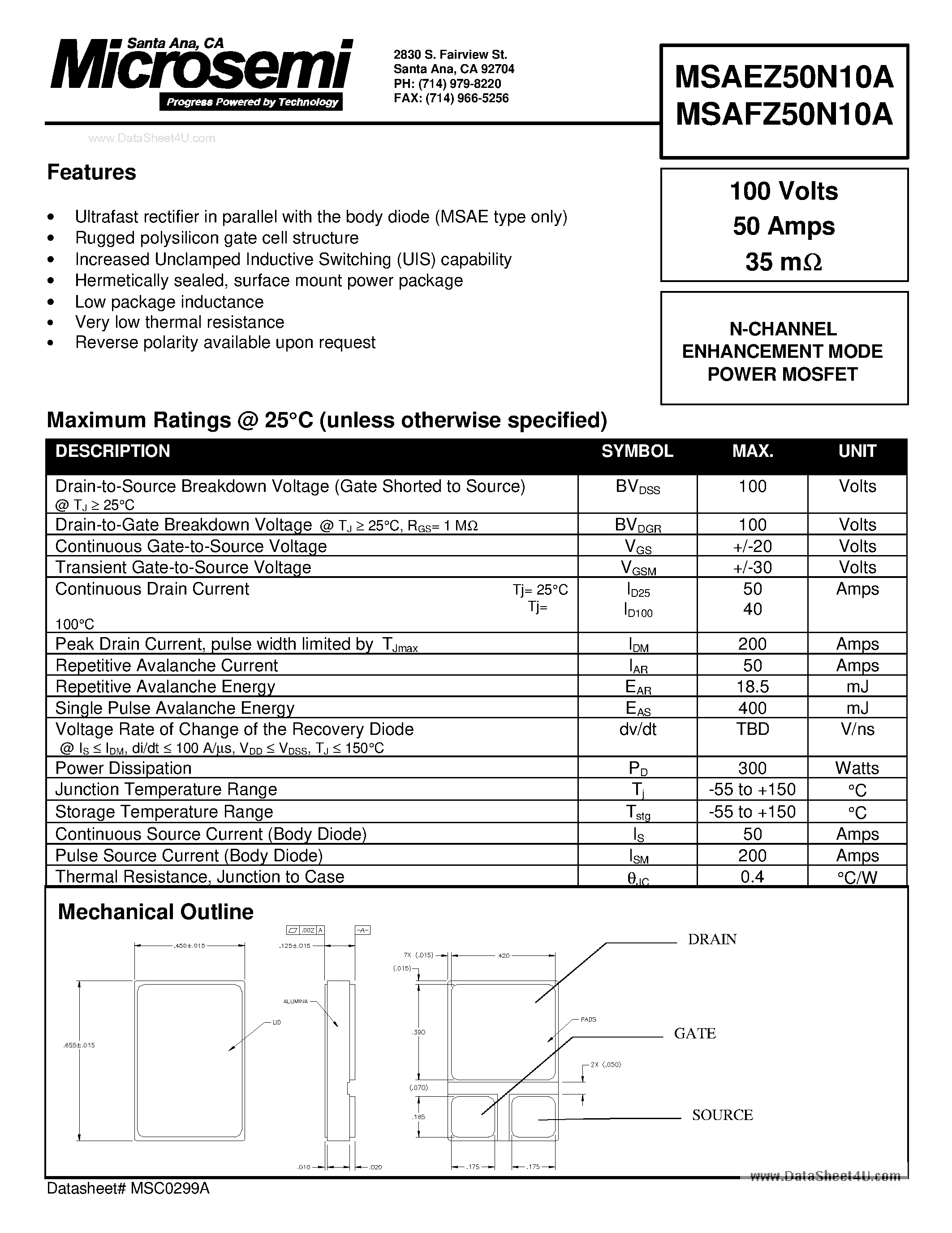 Даташит MSAEZ50N10A - N-CHANNEL ENHANCEMENT MODE POWER MOSFET страница 1