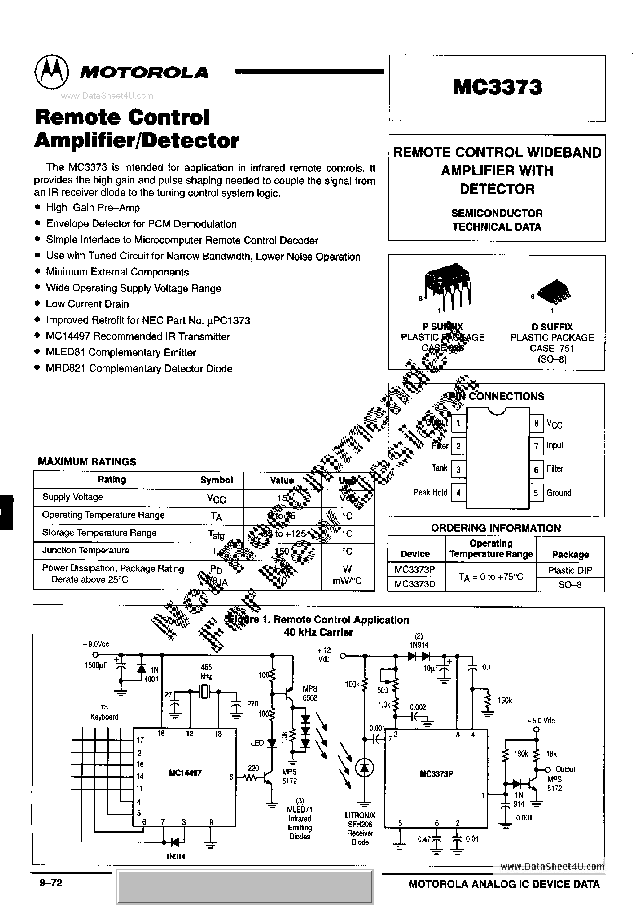 Datasheet MC3373 page 1 Datasheet MC3373 - Remote Control Amplifier / Detector page 1