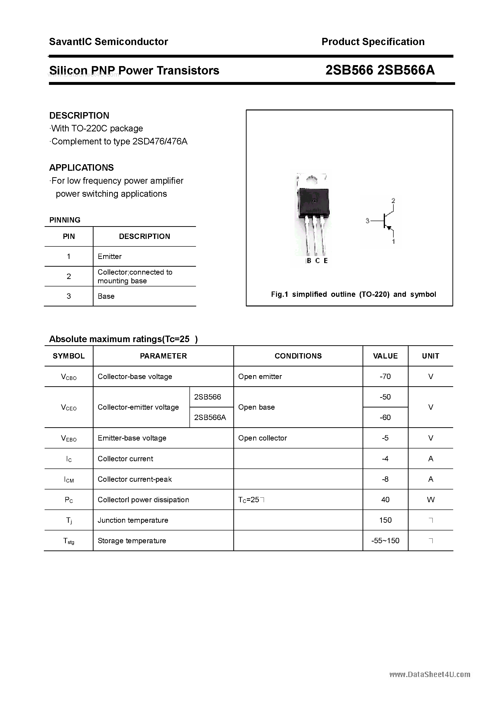 Datasheet 2SB566A page 1 Datasheet 2SB566A - SILICON POWER TRANSISTOR page 1