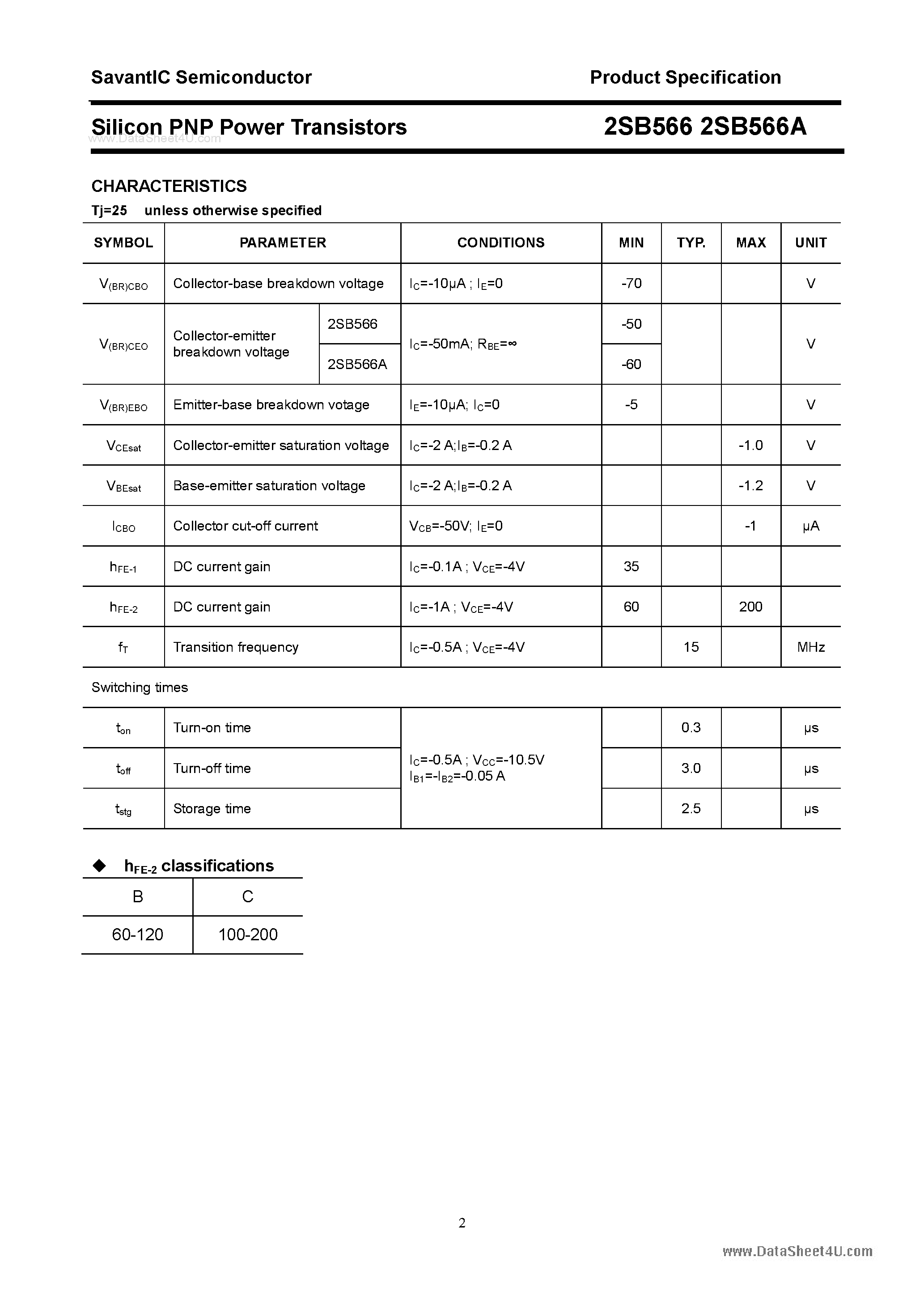 Datasheet 2SB566A page 2 Datasheet 2SB566A - SILICON POWER TRANSISTOR page 2