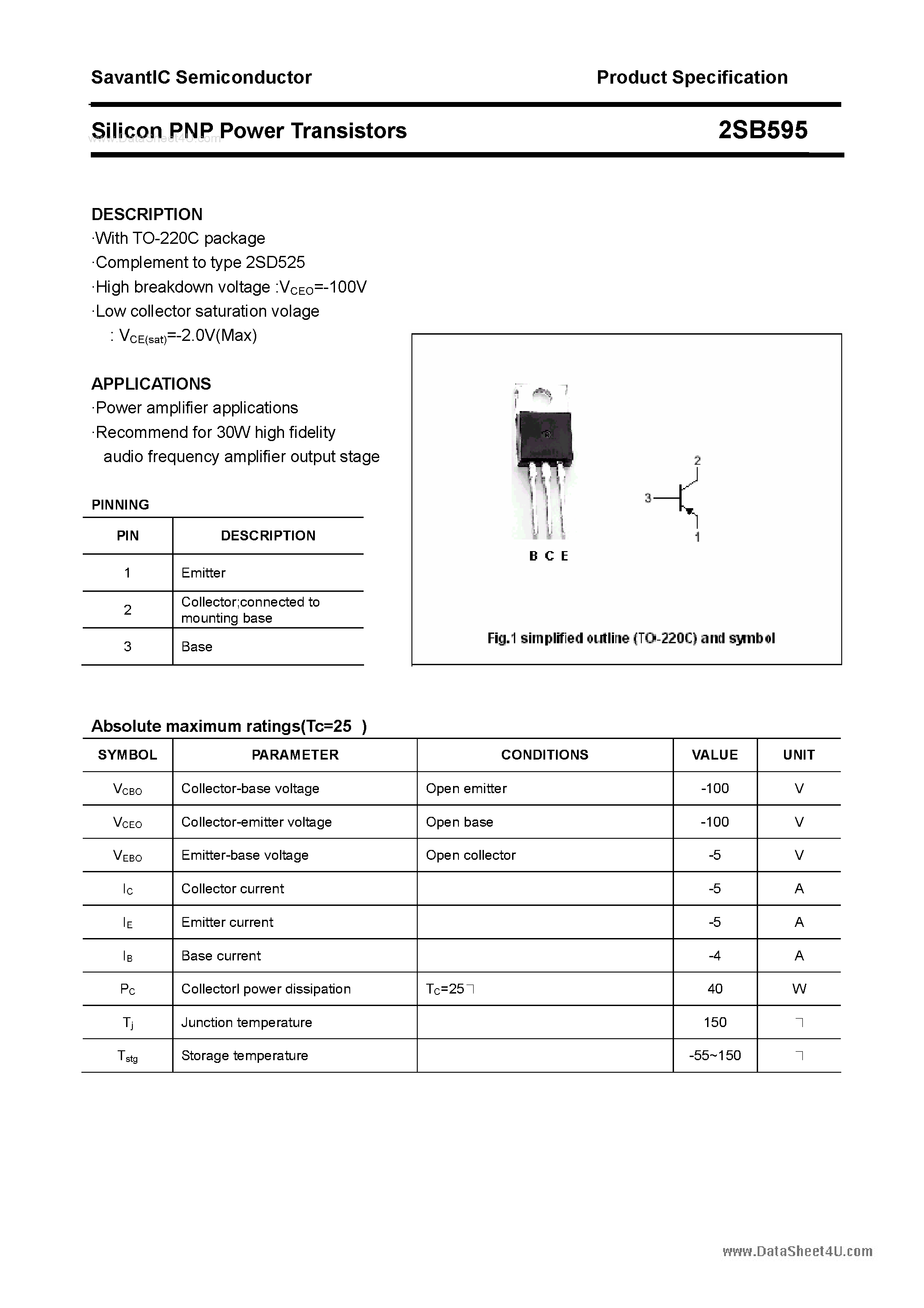 Datasheet 2SB595 - SILICON POWER TRANSISTOR page 1