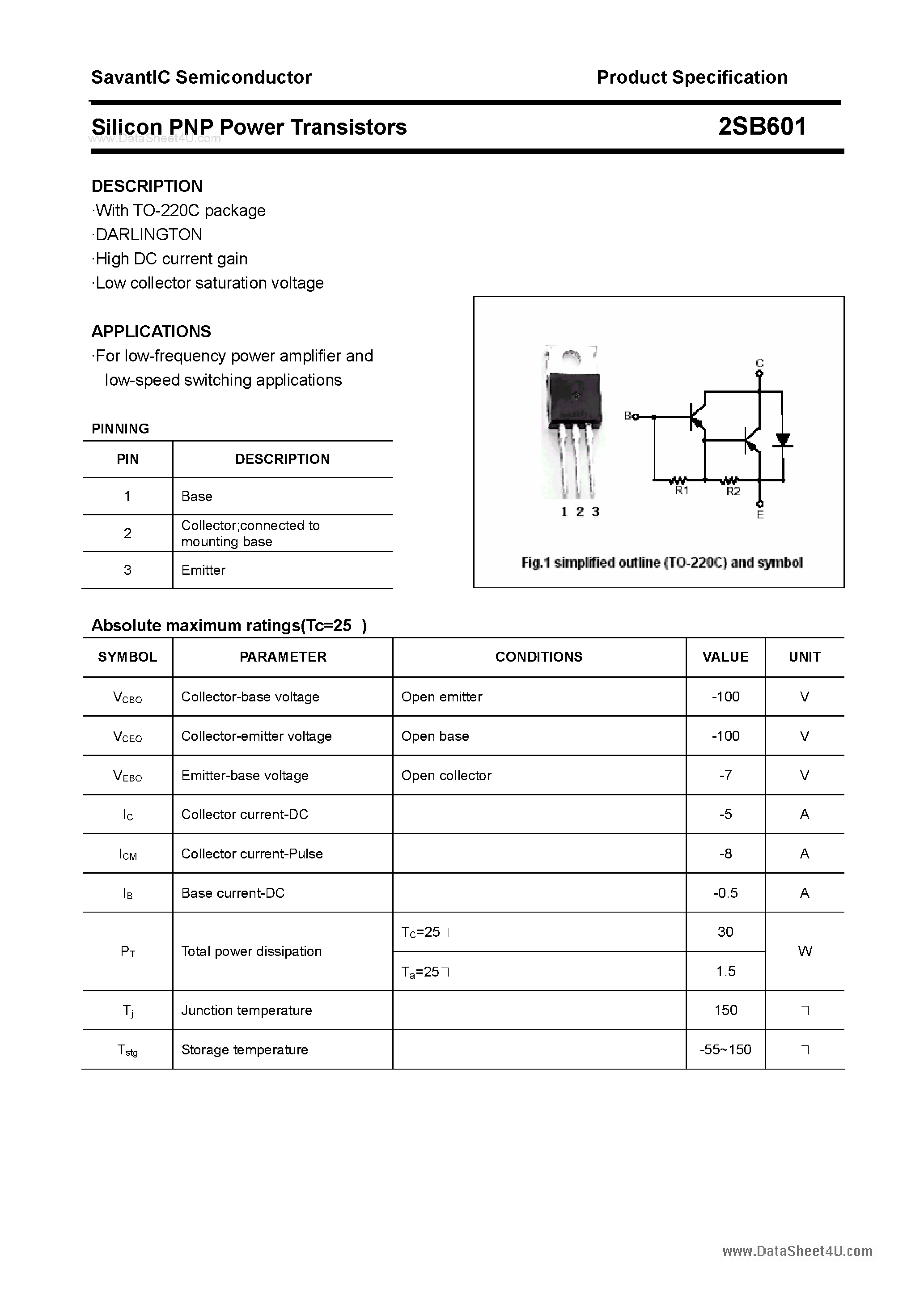 Datasheet 2SB601 - SILICON POWER TRANSISTOR page 1
