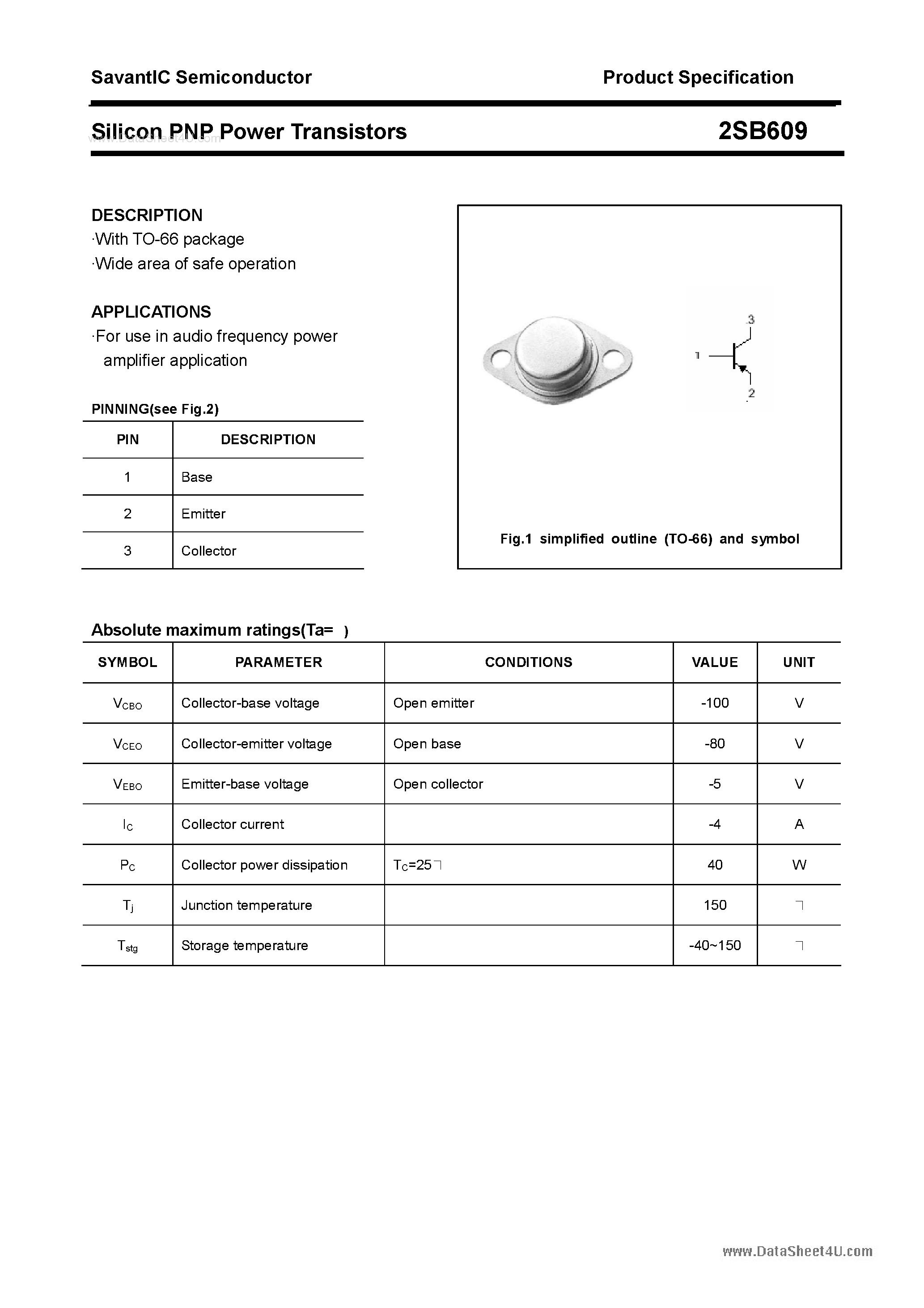 Datasheet 2SB609 page 1 Datasheet 2SB609 - SILICON POWER TRANSISTOR page 1