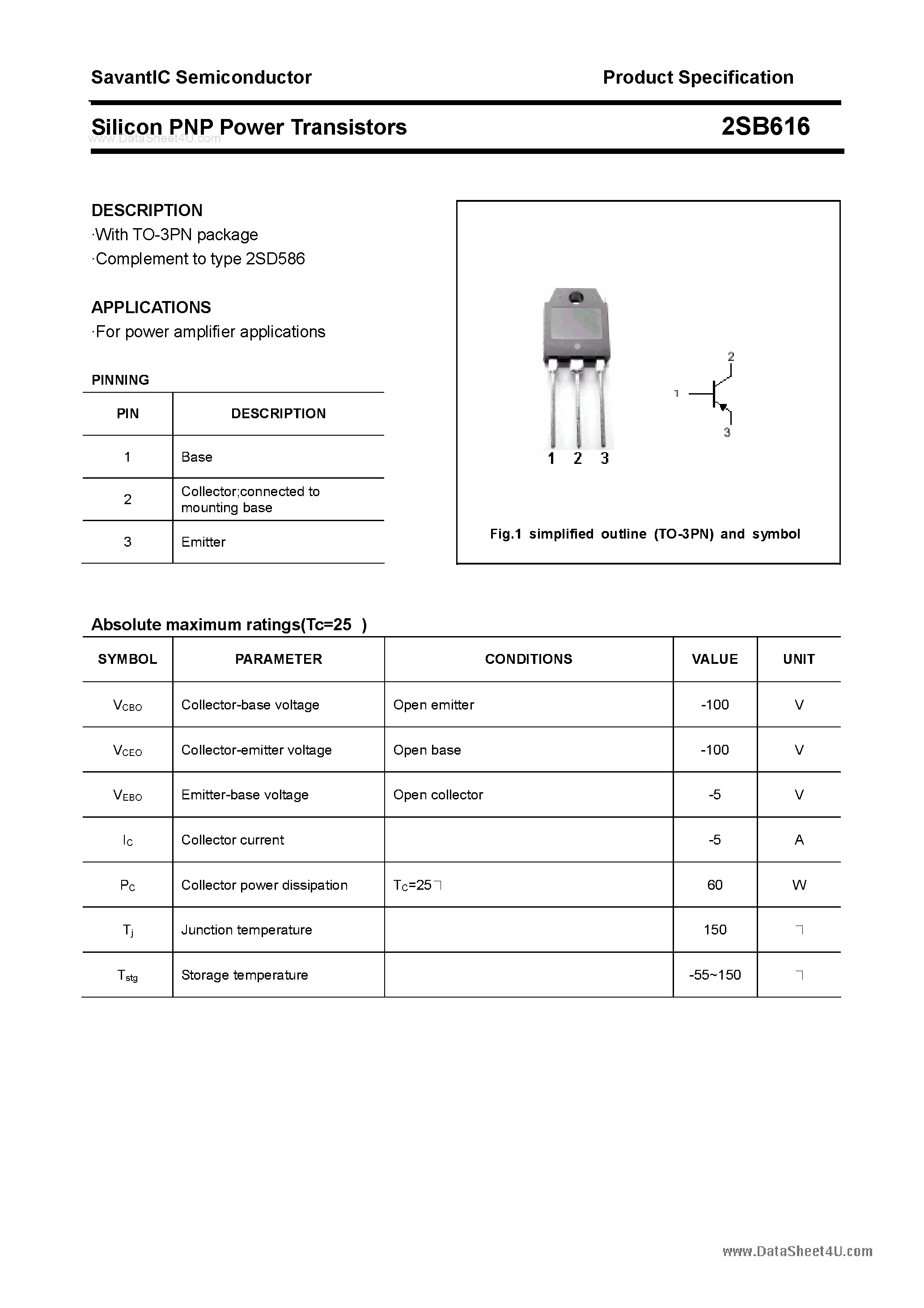Datasheet 2SB616 page 1 Datasheet 2SB616 - SILICON POWER TRANSISTOR page 1