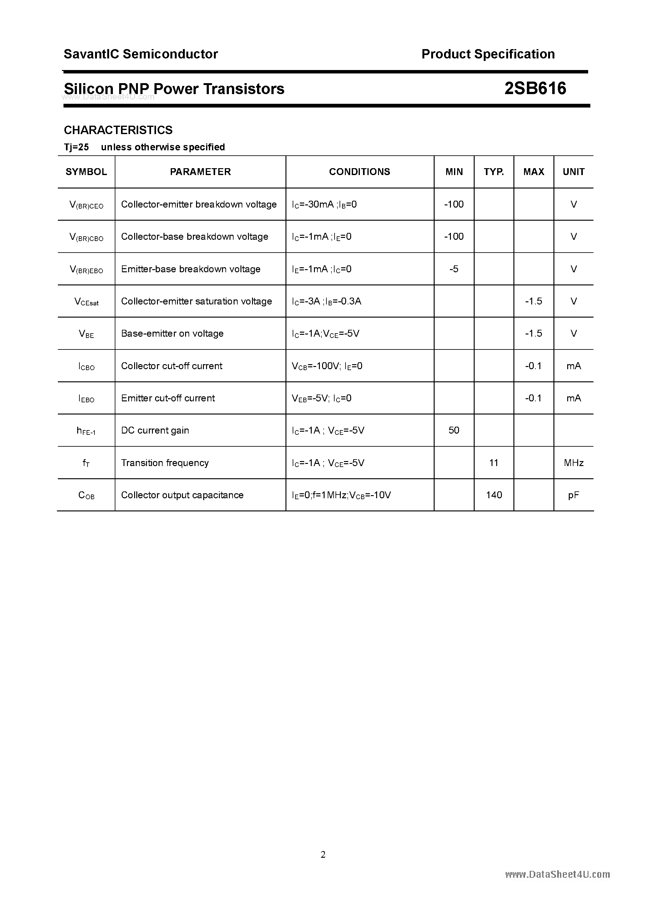 Datasheet 2SB616 page 2 Datasheet 2SB616 - SILICON POWER TRANSISTOR page 2