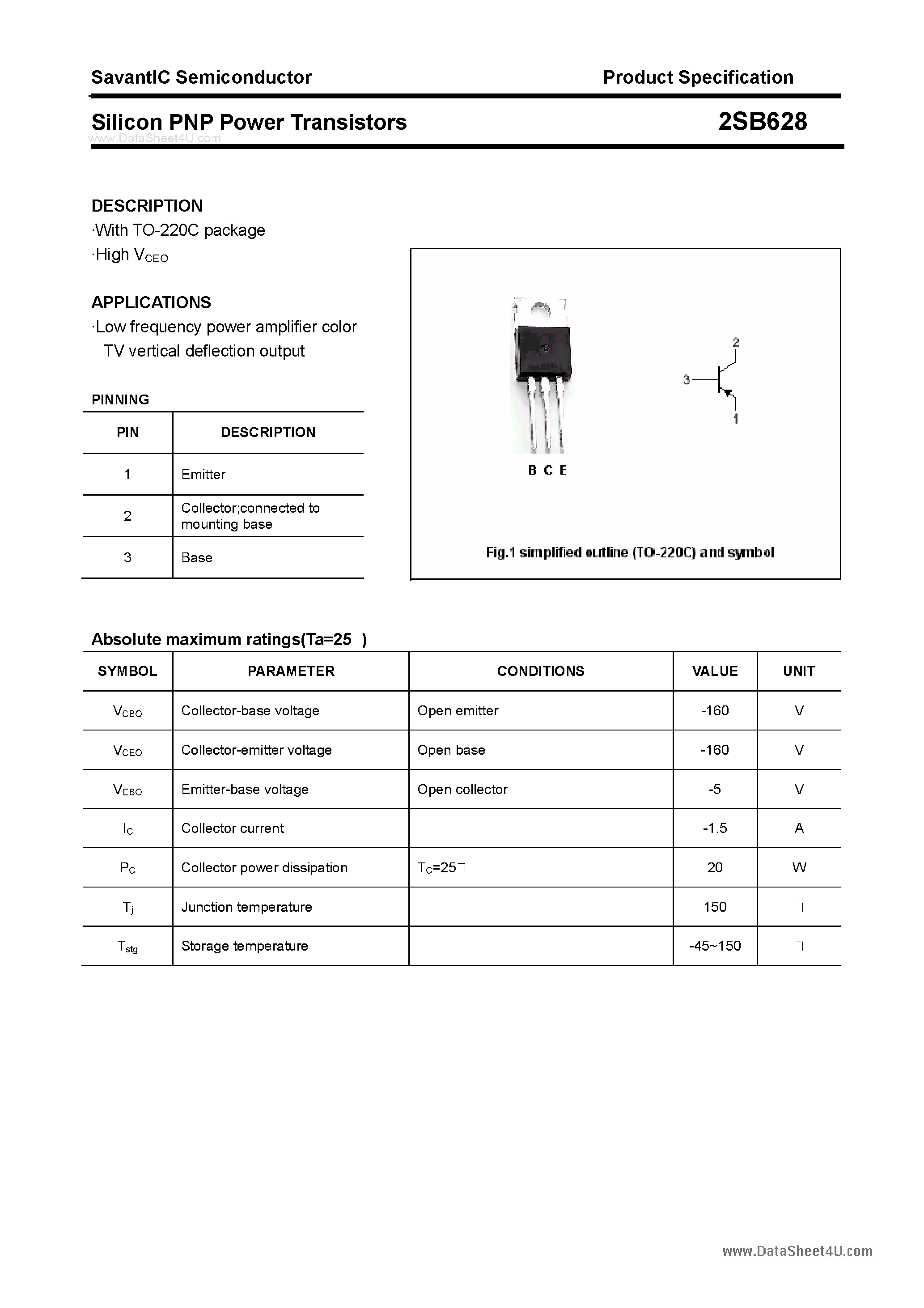 Datasheet 2SB628 page 1 Datasheet 2SB628 - SILICON POWER TRANSISTOR page 1