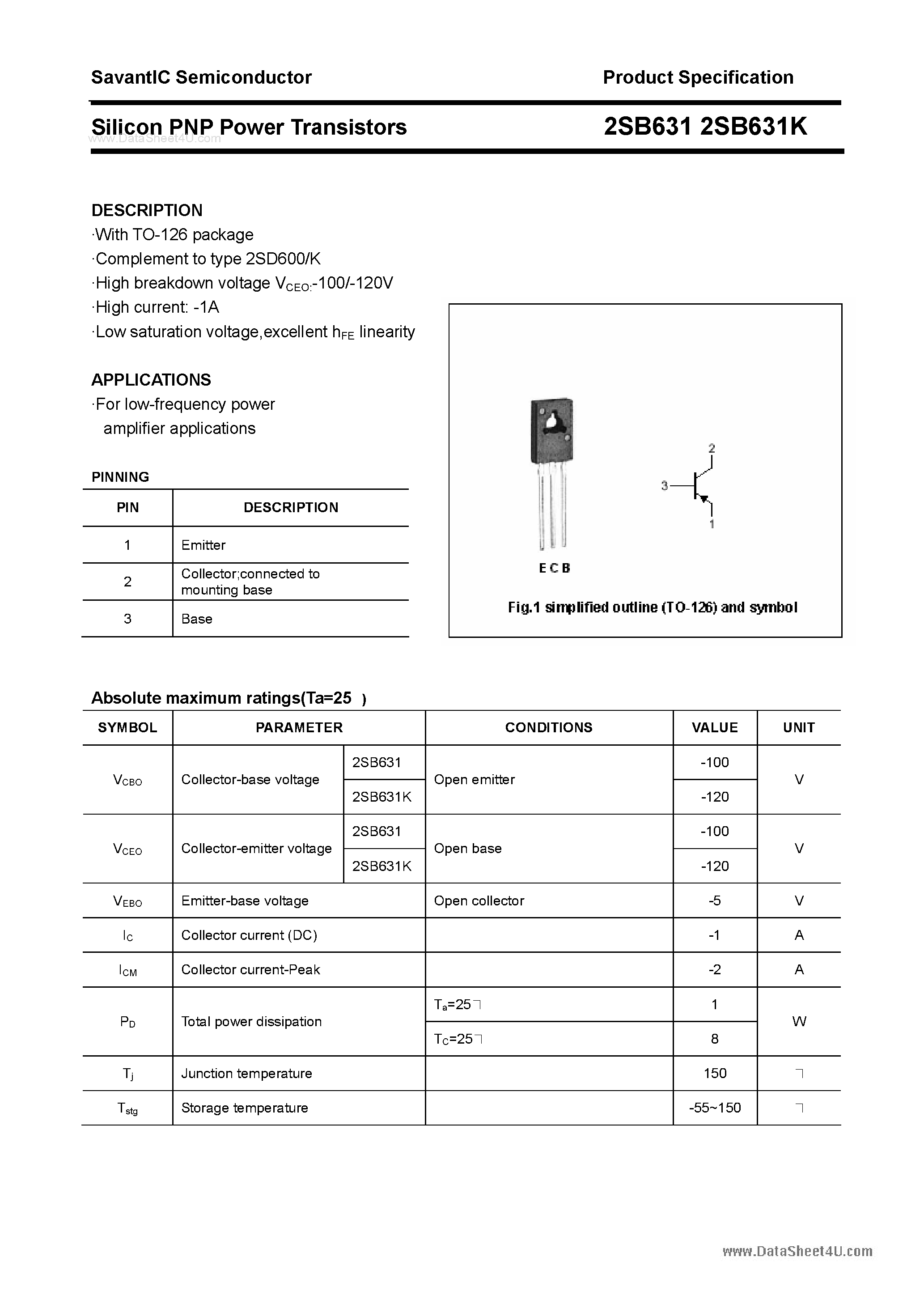 Datasheet 2SB631 page 1 Datasheet 2SB631 - SILICON POWER TRANSISTOR page 1