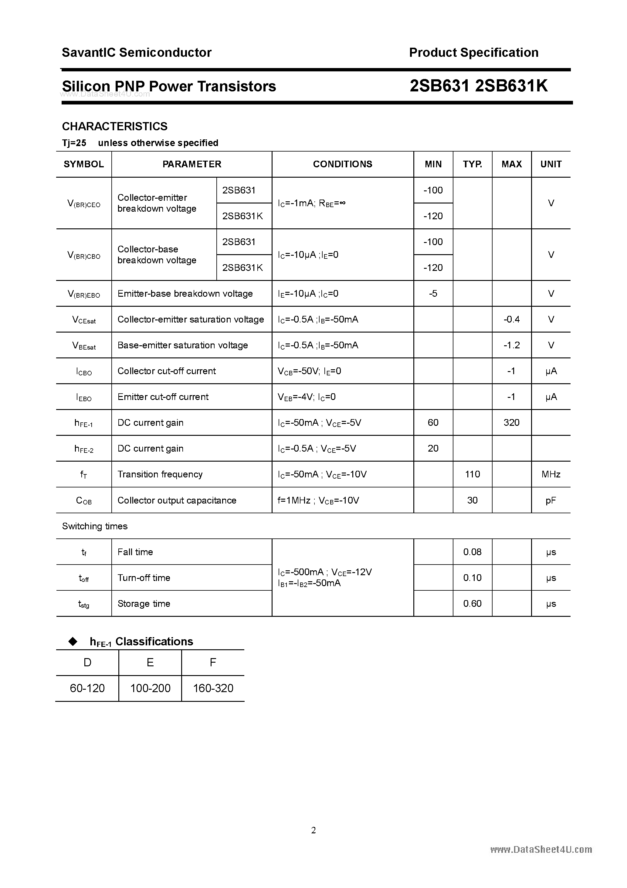 Datasheet 2SB631 page 2 Datasheet 2SB631 - SILICON POWER TRANSISTOR page 2
