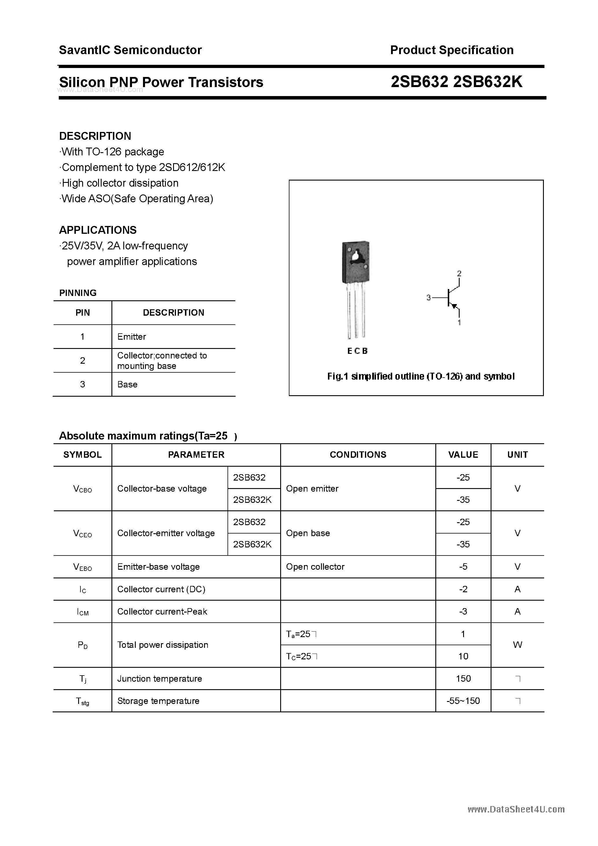 Datasheet 2SB632 page 1 Datasheet 2SB632 - SILICON POWER TRANSISTOR page 1