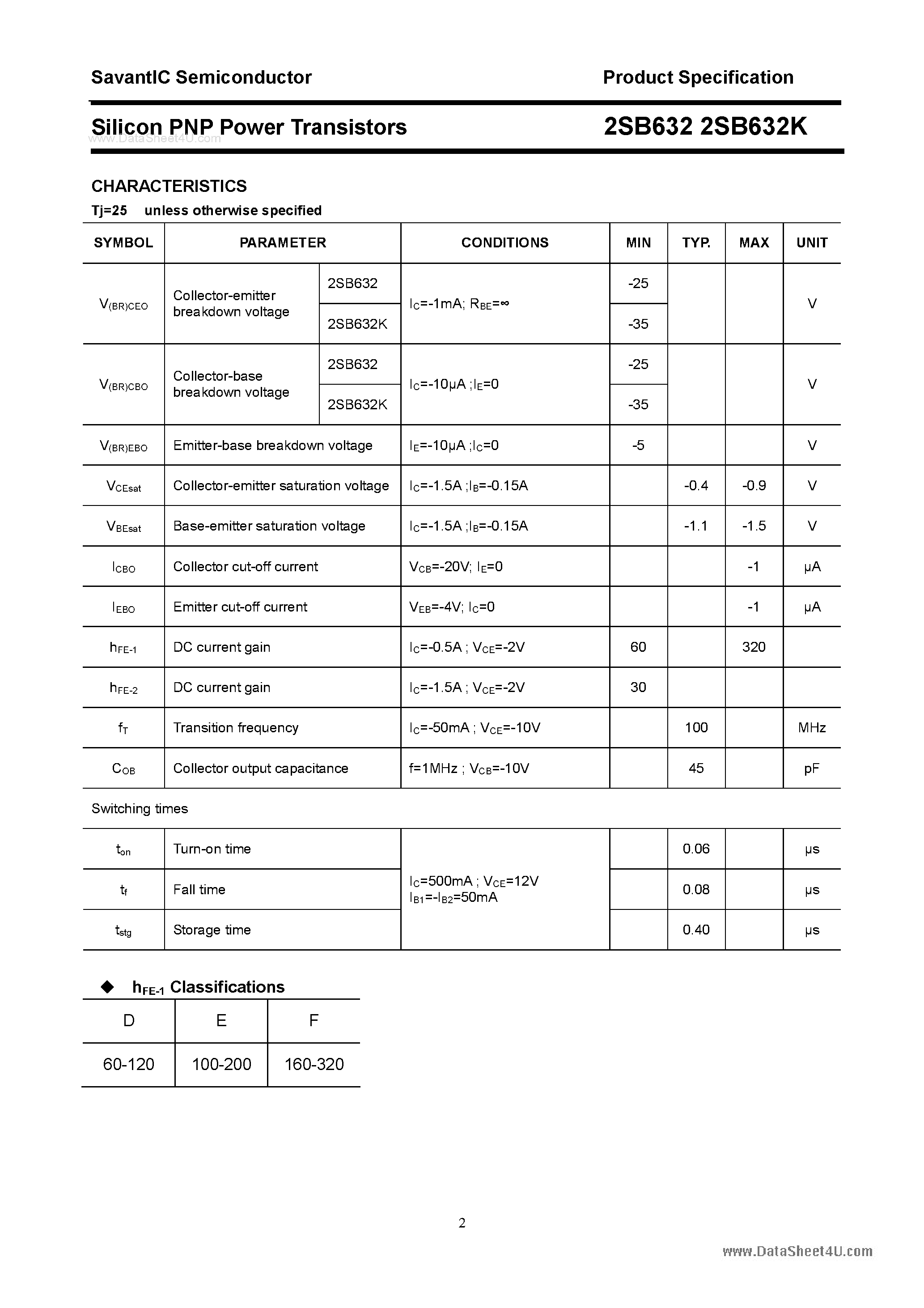 Datasheet 2SB632 page 2 Datasheet 2SB632 - SILICON POWER TRANSISTOR page 2