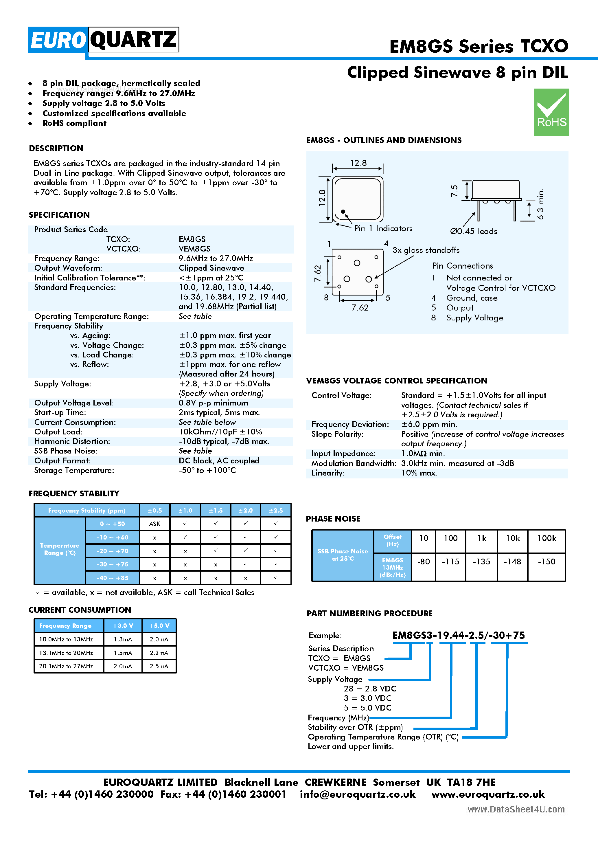 Datasheet EM8GS - Clipped Sinewave 8 pin DIL page 1