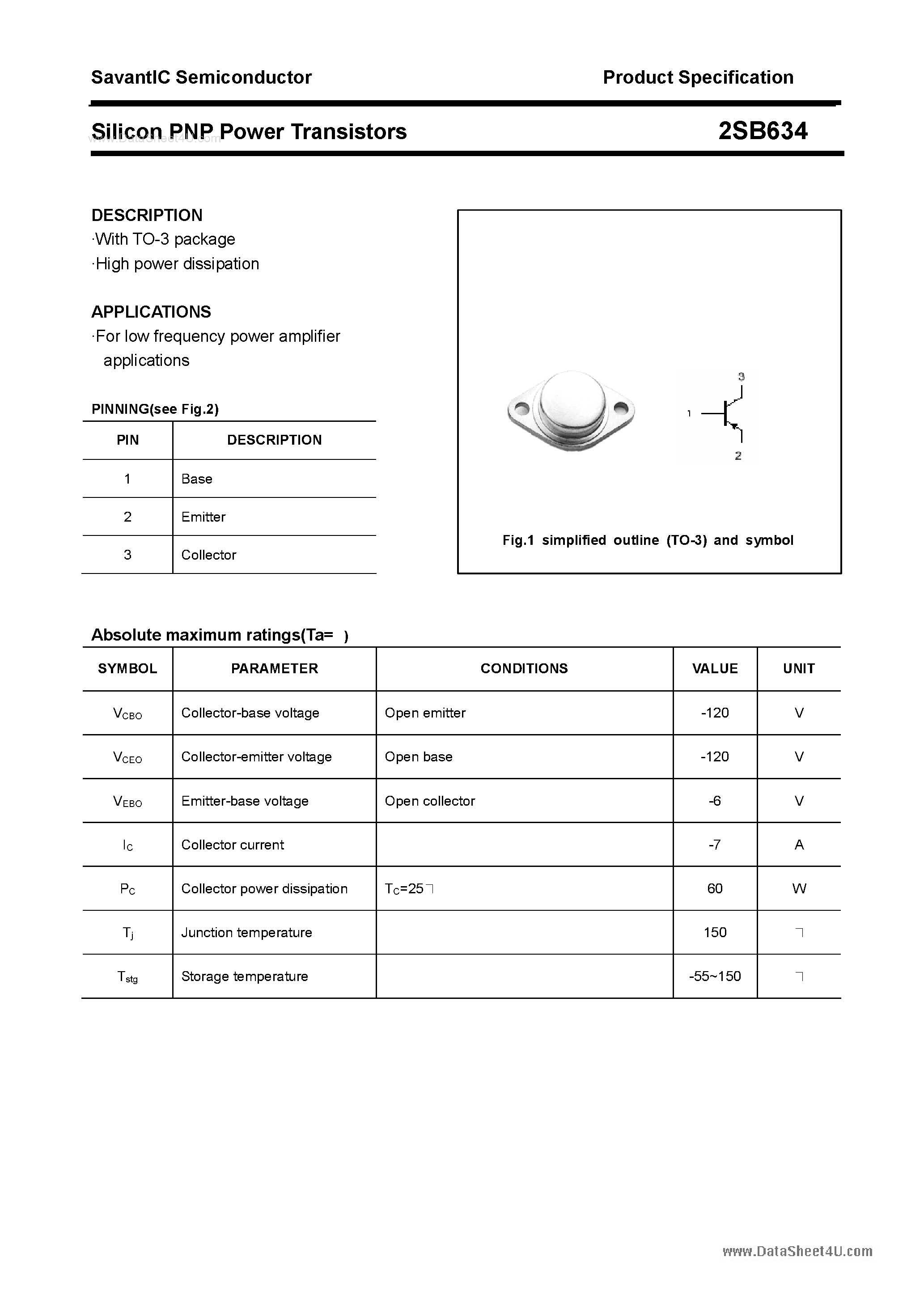 Datasheet 2SB634 page 1 Datasheet 2SB634 - SILICON POWER TRANSISTOR page 1