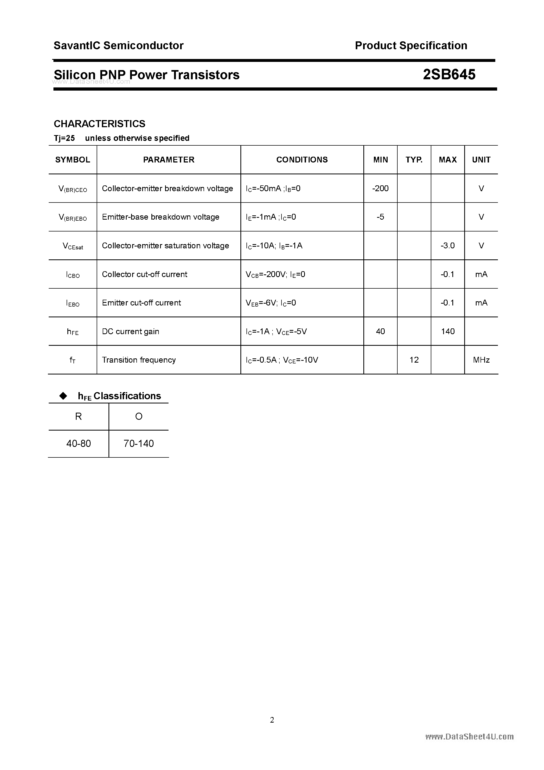 Datasheet 2SB645 page 2 Datasheet 2SB645 - SILICON POWER TRANSISTOR page 2